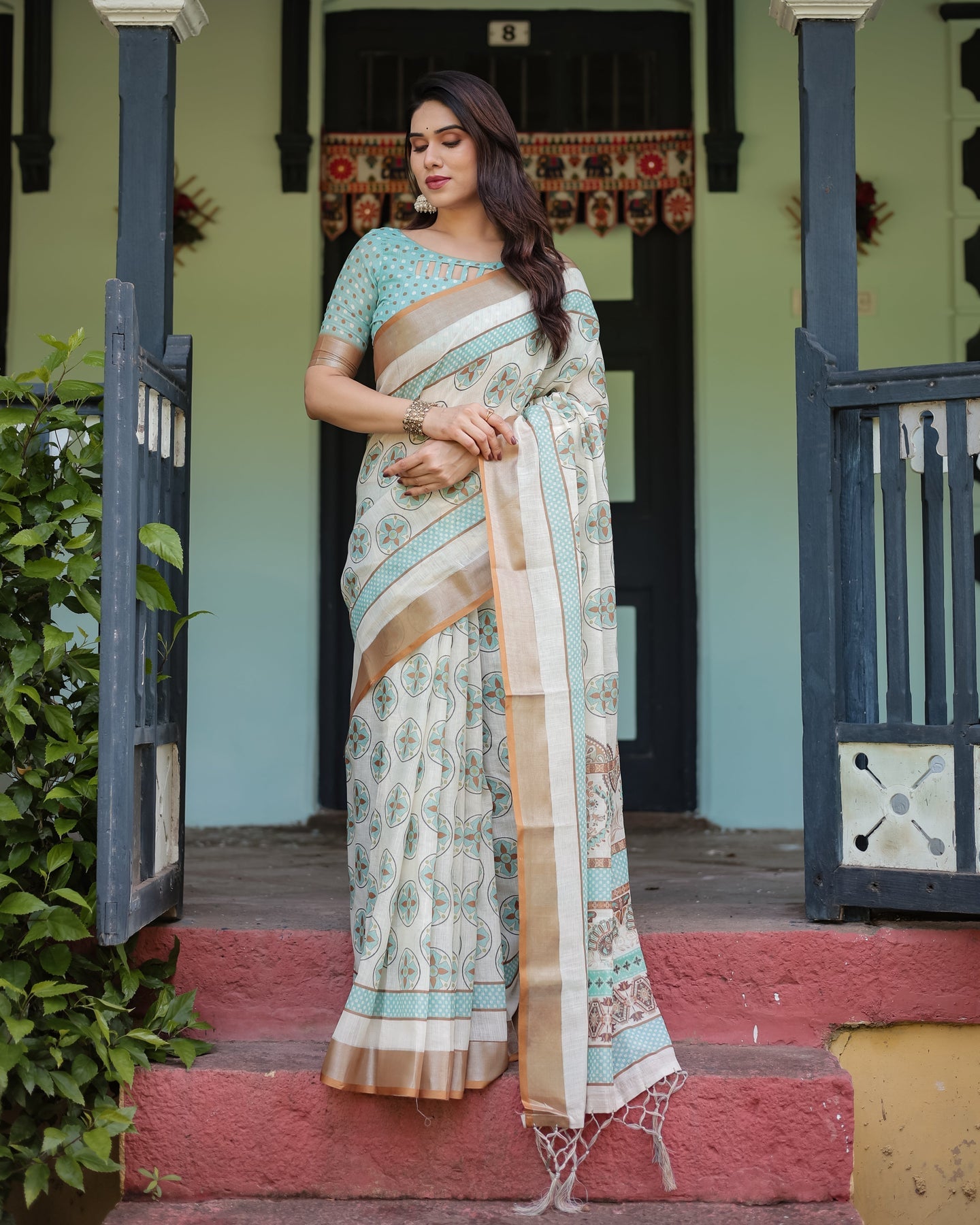 Beige & Aqua Printed Linen Saree | Shaadigruh SD1048