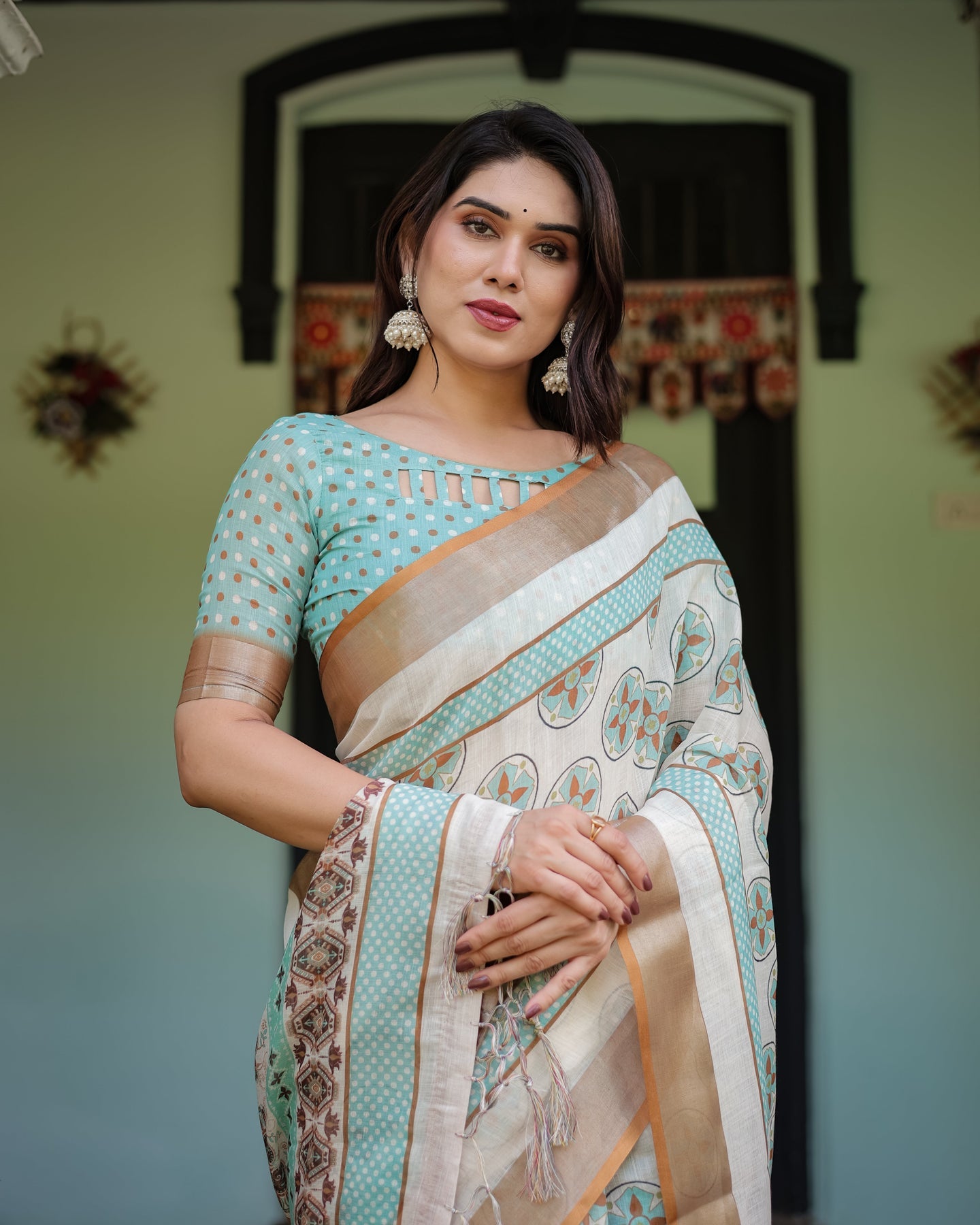 Beige & Aqua Printed Linen Saree | Shaadigruh SD1048