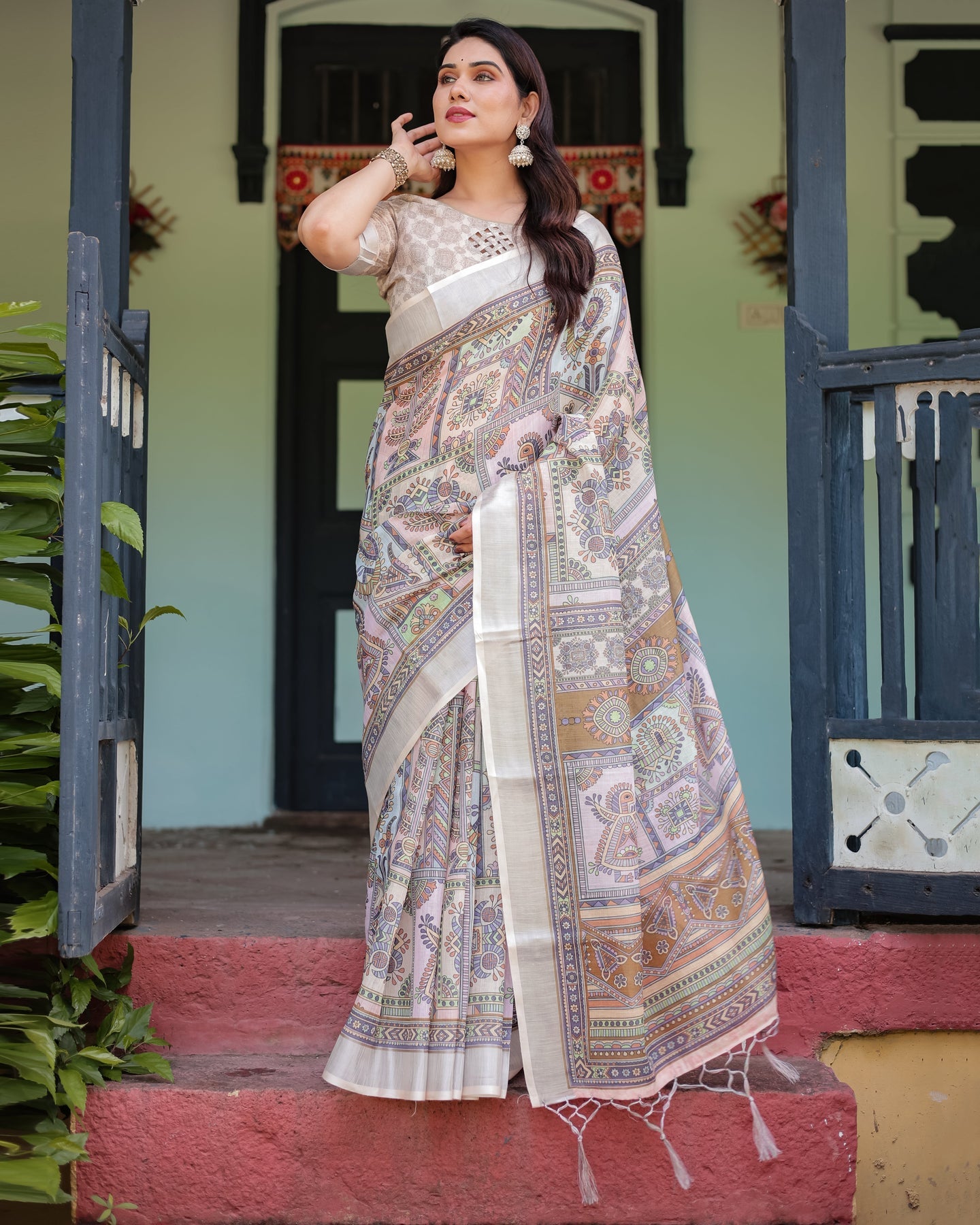 Beige Tribal Print Linen Saree | Shaadigruh SD1049