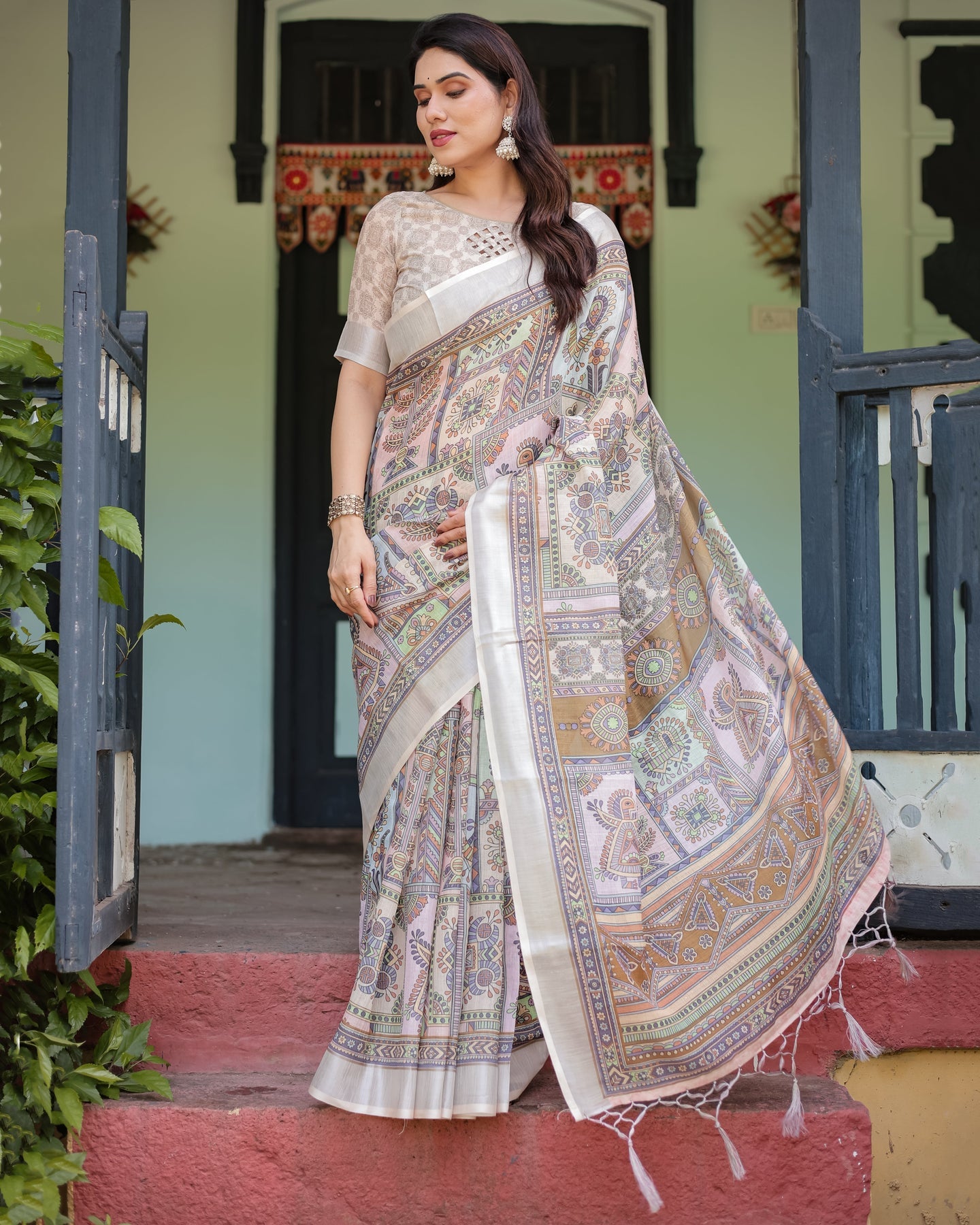 Beige Tribal Print Linen Saree | Shaadigruh SD1049