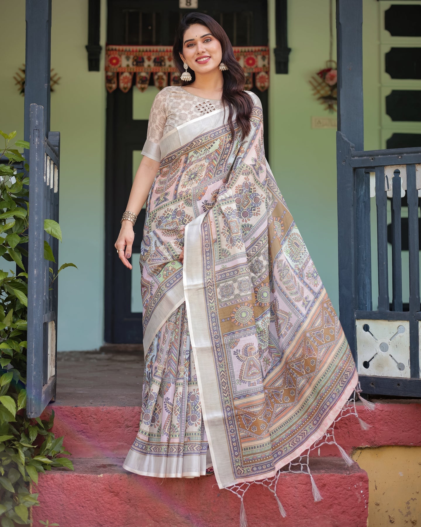 Beige Tribal Print Linen Saree | Shaadigruh SD1049