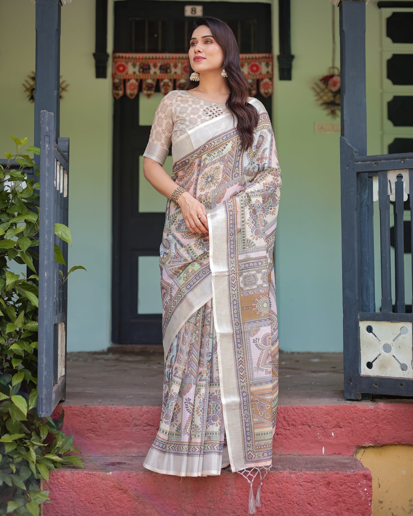 Beige Tribal Print Linen Saree | Shaadigruh SD1049