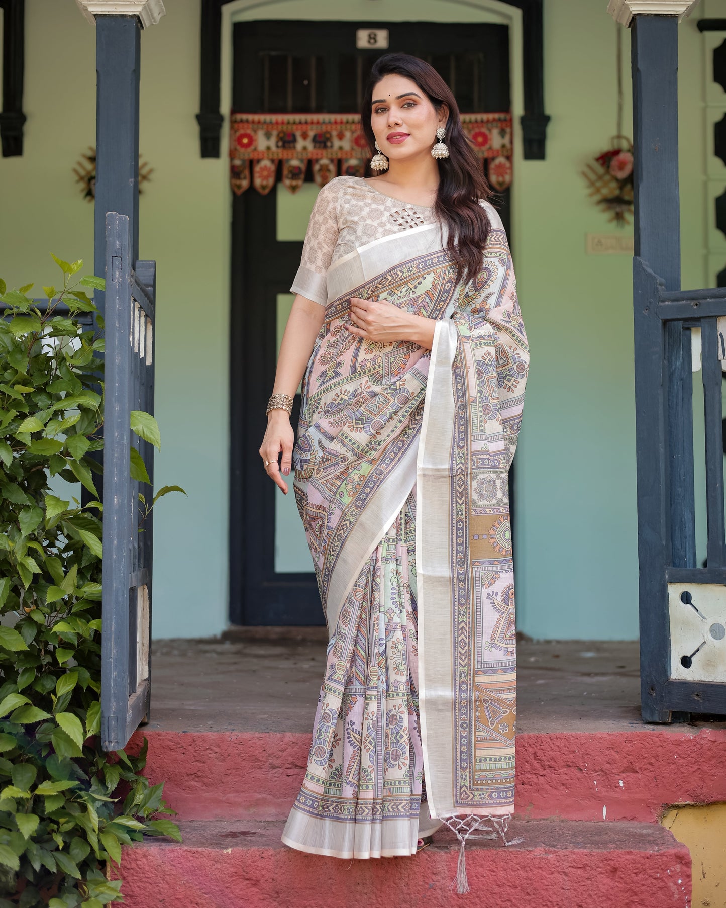 Beige Tribal Print Linen Saree | Shaadigruh SD1049