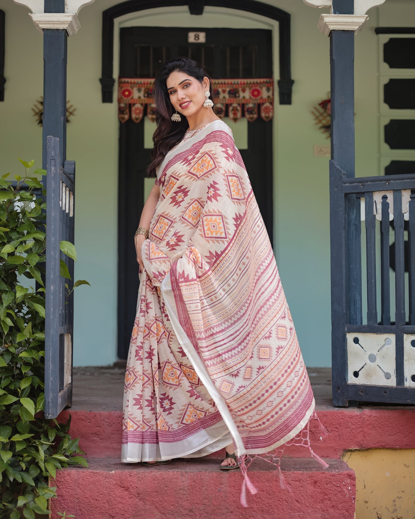Ivory & Rust Geometric Linen Saree | Shaadigruh SD1040