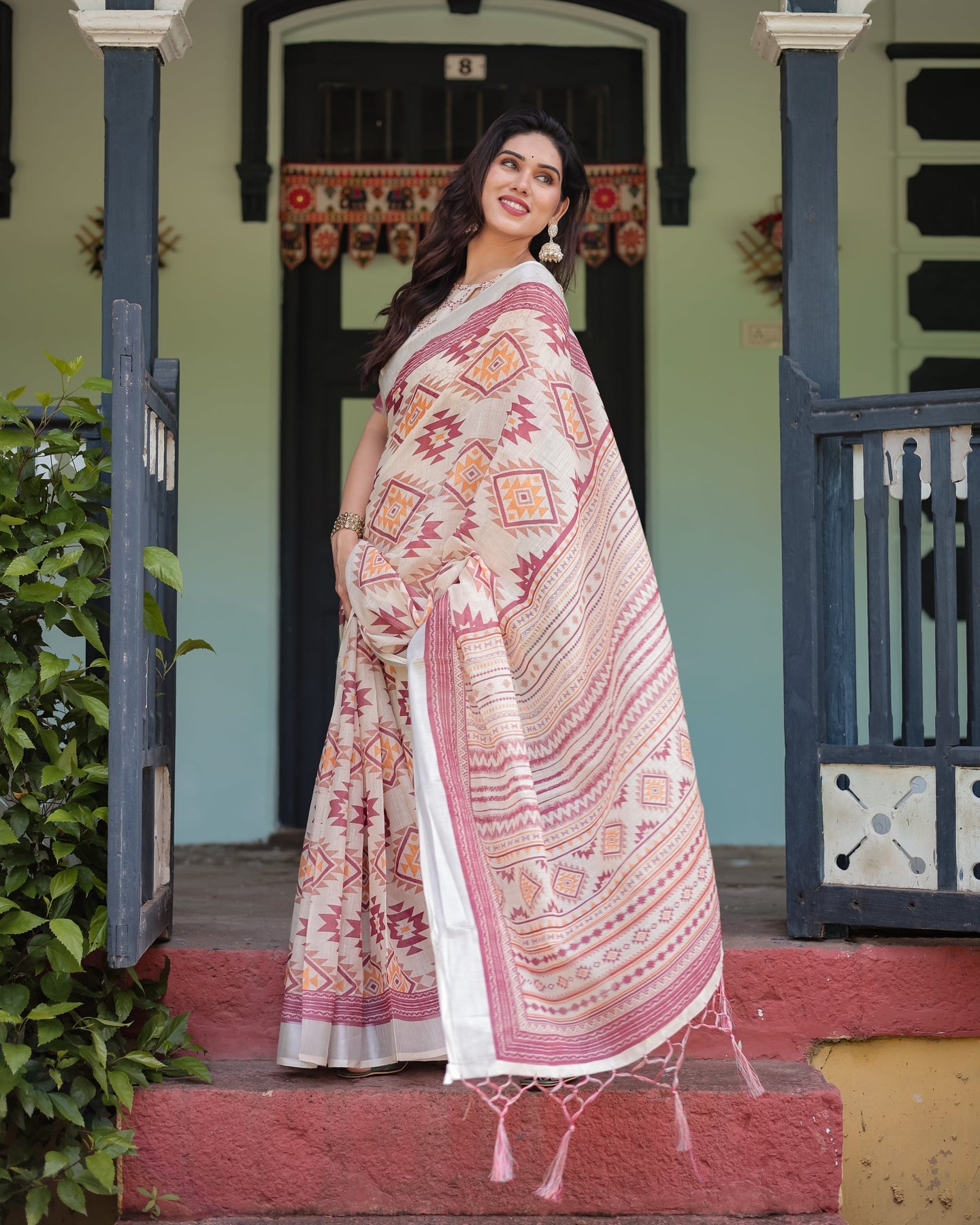 Ivory & Rust Geometric Linen Saree | Shaadigruh SD1040