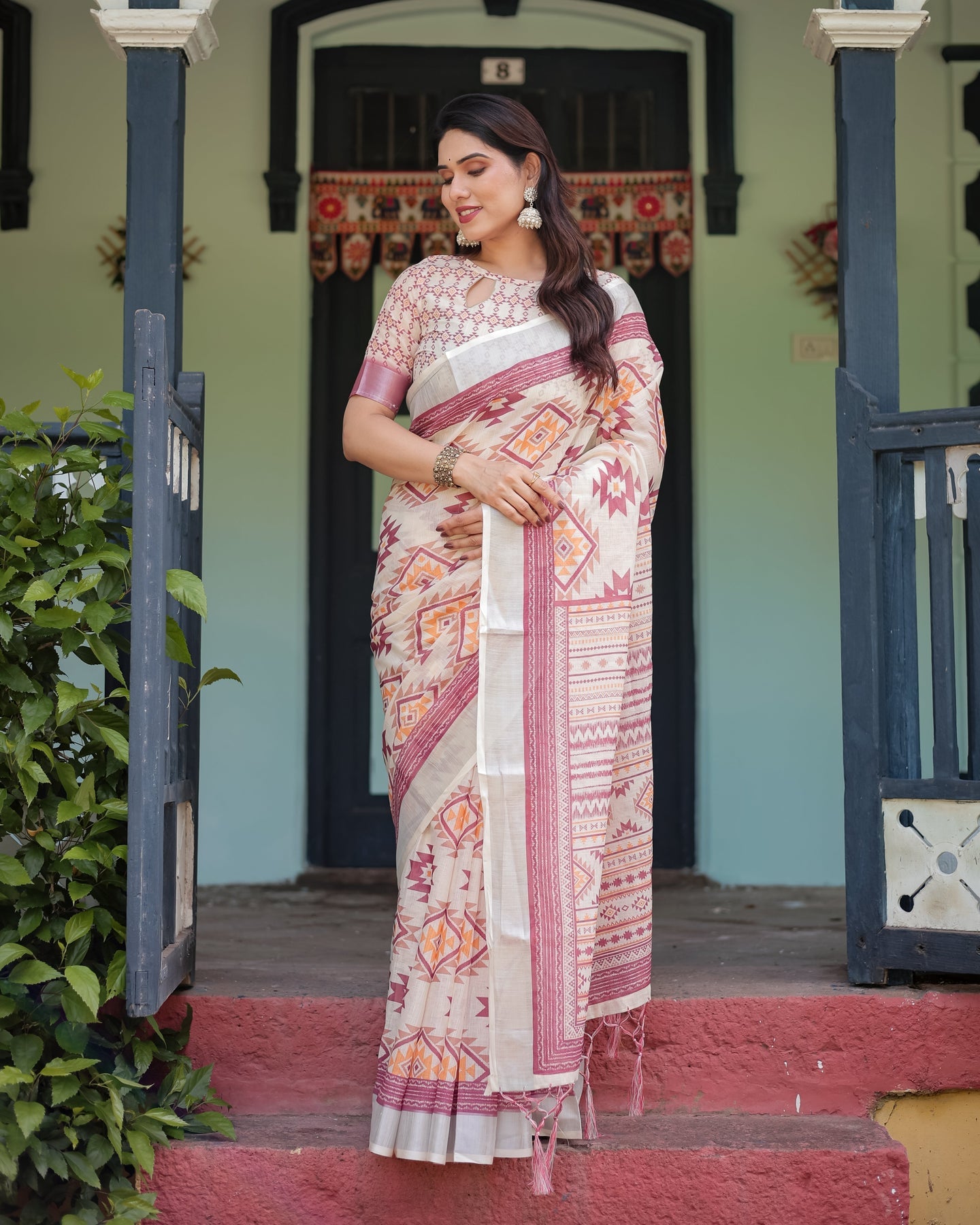Ivory & Rust Geometric Linen Saree | Shaadigruh SD1040