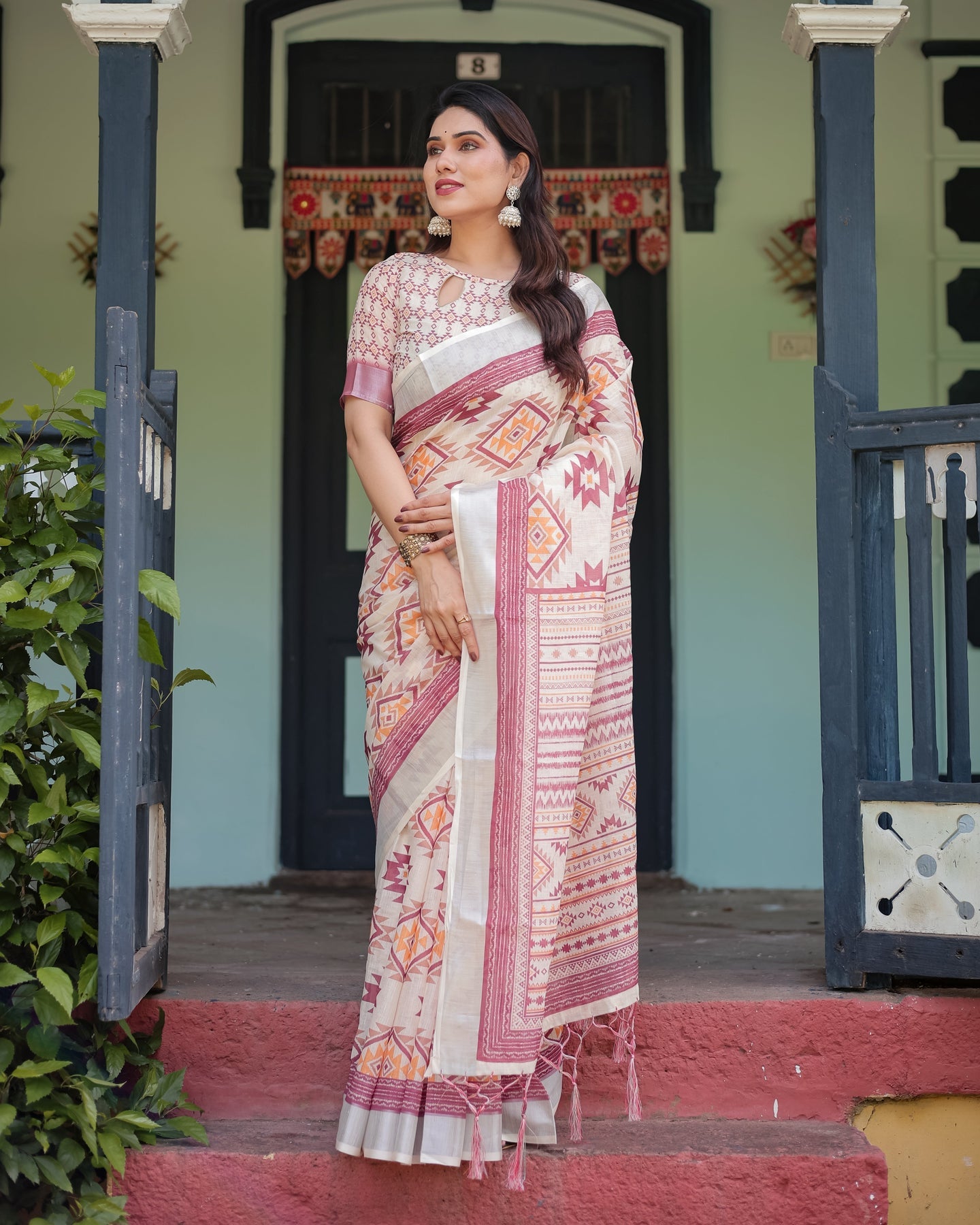 Ivory & Rust Geometric Linen Saree | Shaadigruh SD1040