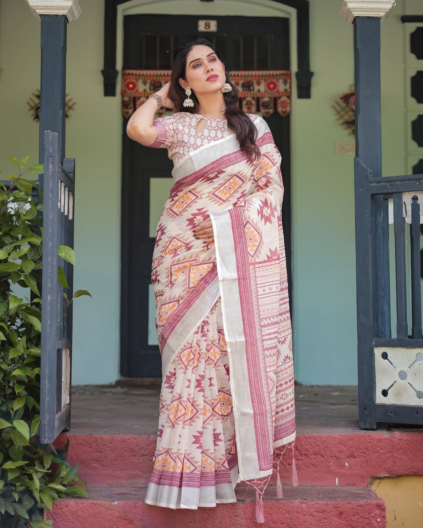 Ivory & Rust Geometric Linen Saree | Shaadigruh SD1040