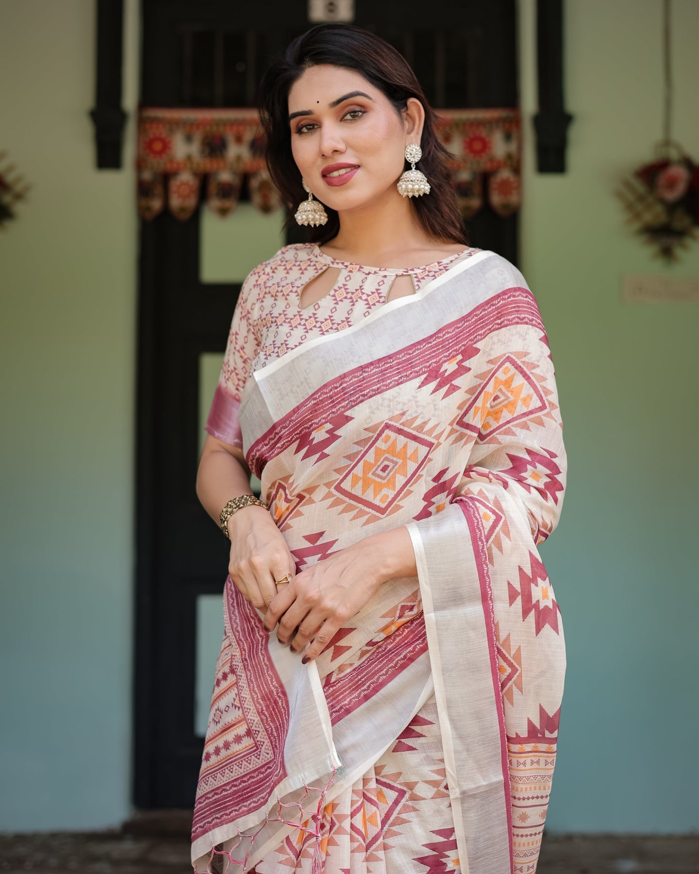Ivory & Rust Geometric Linen Saree | Shaadigruh SD1040