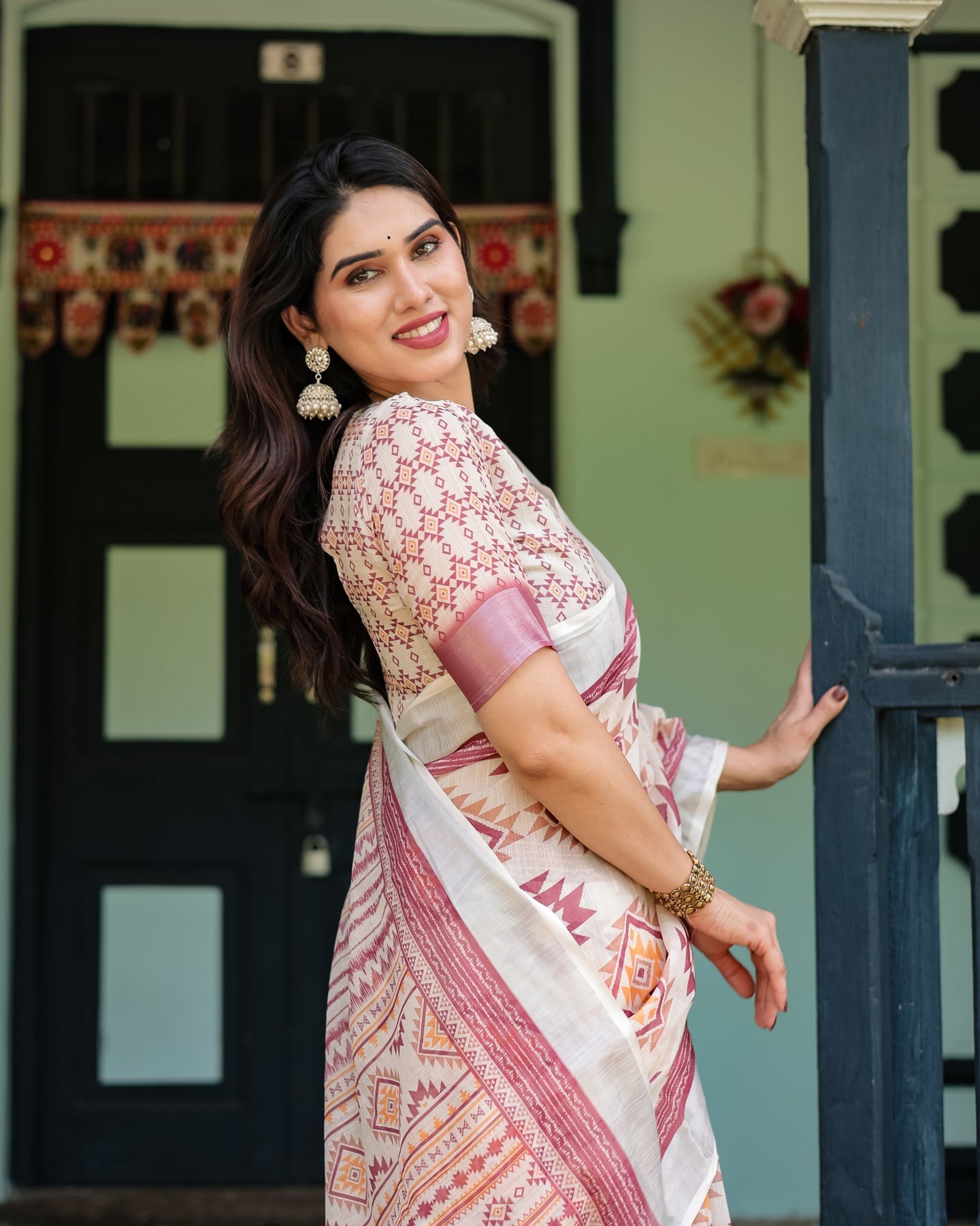 Ivory & Rust Geometric Linen Saree | Shaadigruh SD1040