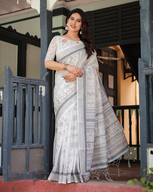 Off-White Grey Linen Saree with Tribal Motif Border | Shaadigruh SD1036