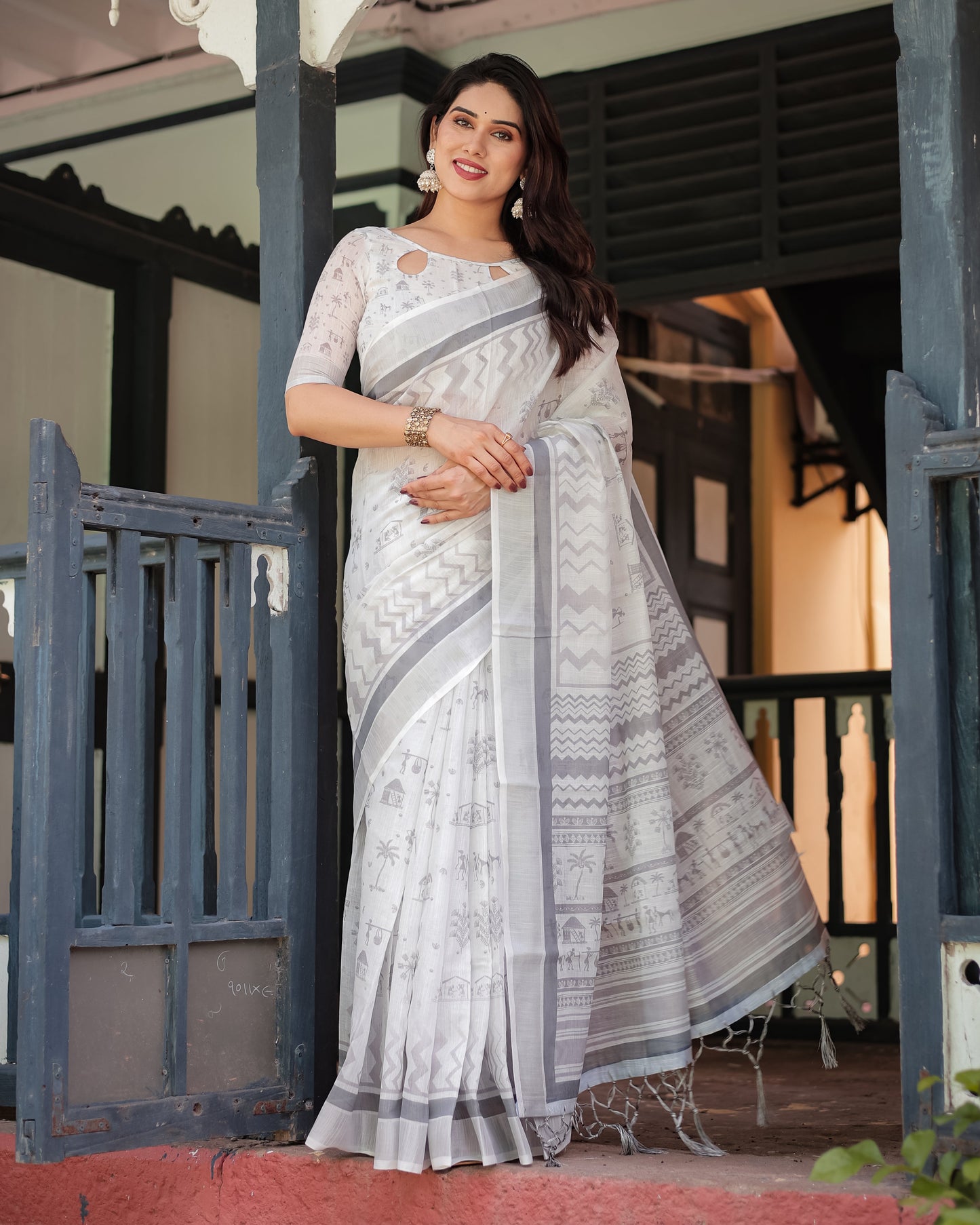 Off-White Grey Linen Saree with Tribal Motif Border | Shaadigruh SD1036