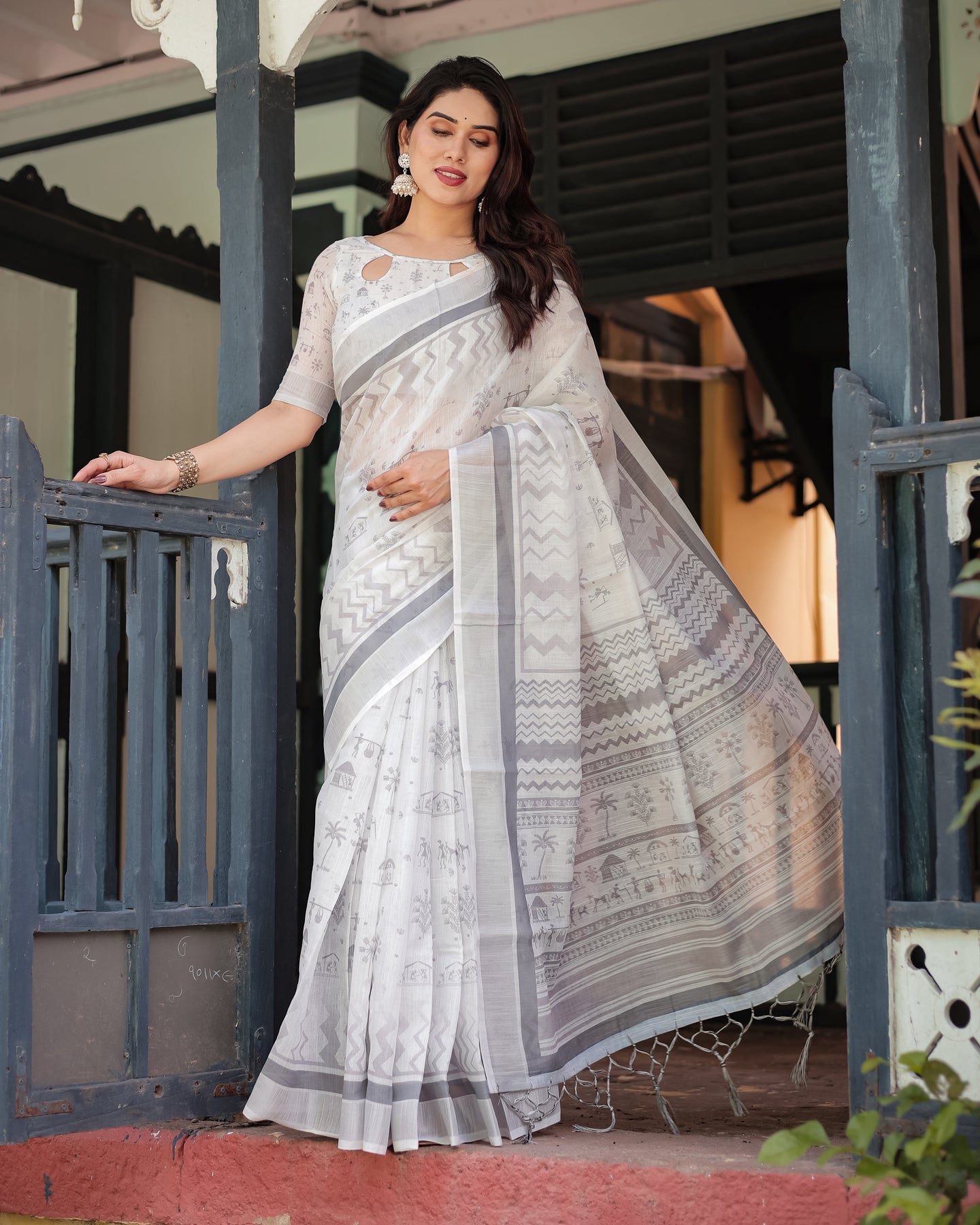 Off-White Grey Linen Saree with Tribal Motif Border | Shaadigruh SD1036