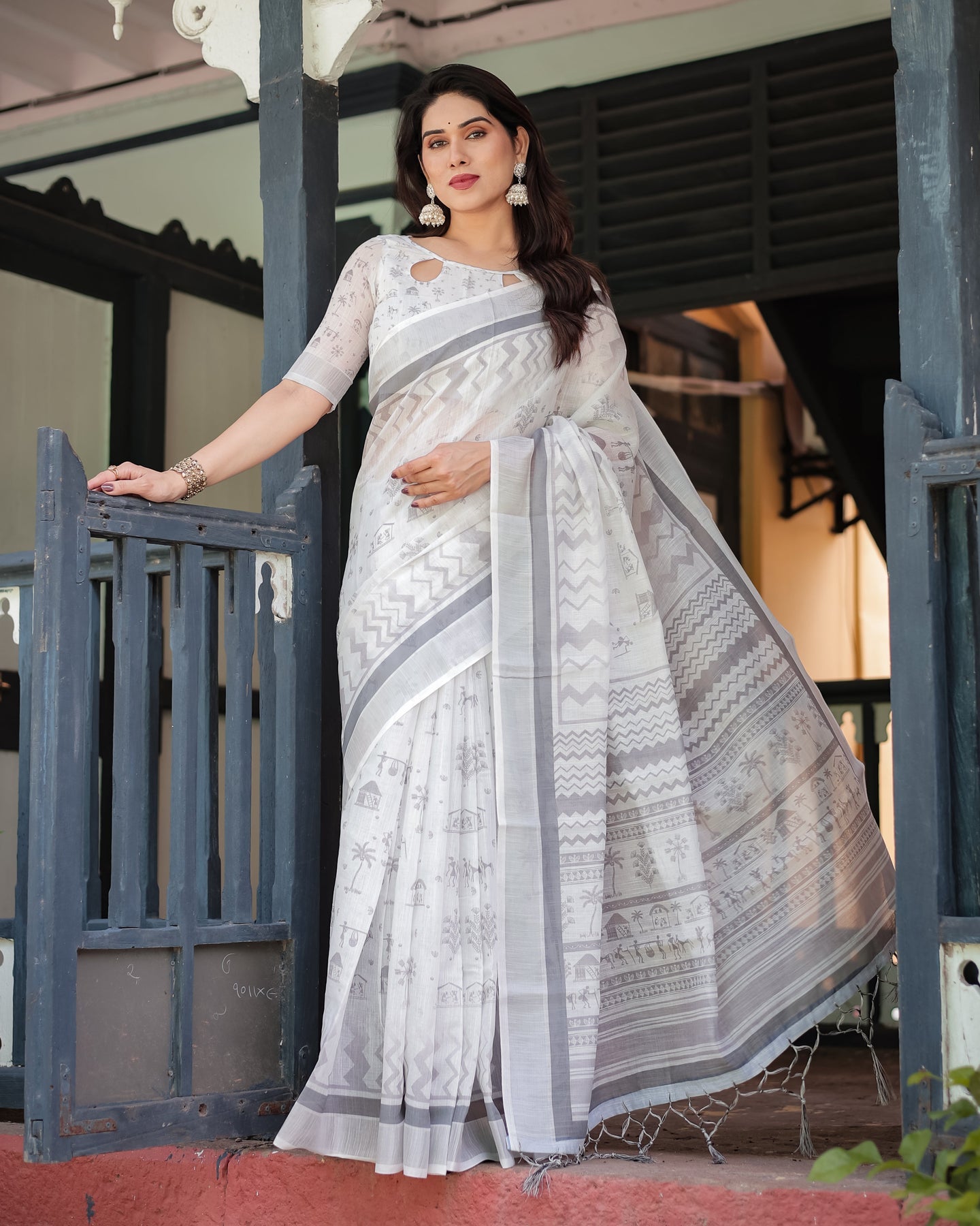 Off-White Grey Linen Saree with Tribal Motif Border | Shaadigruh SD1036