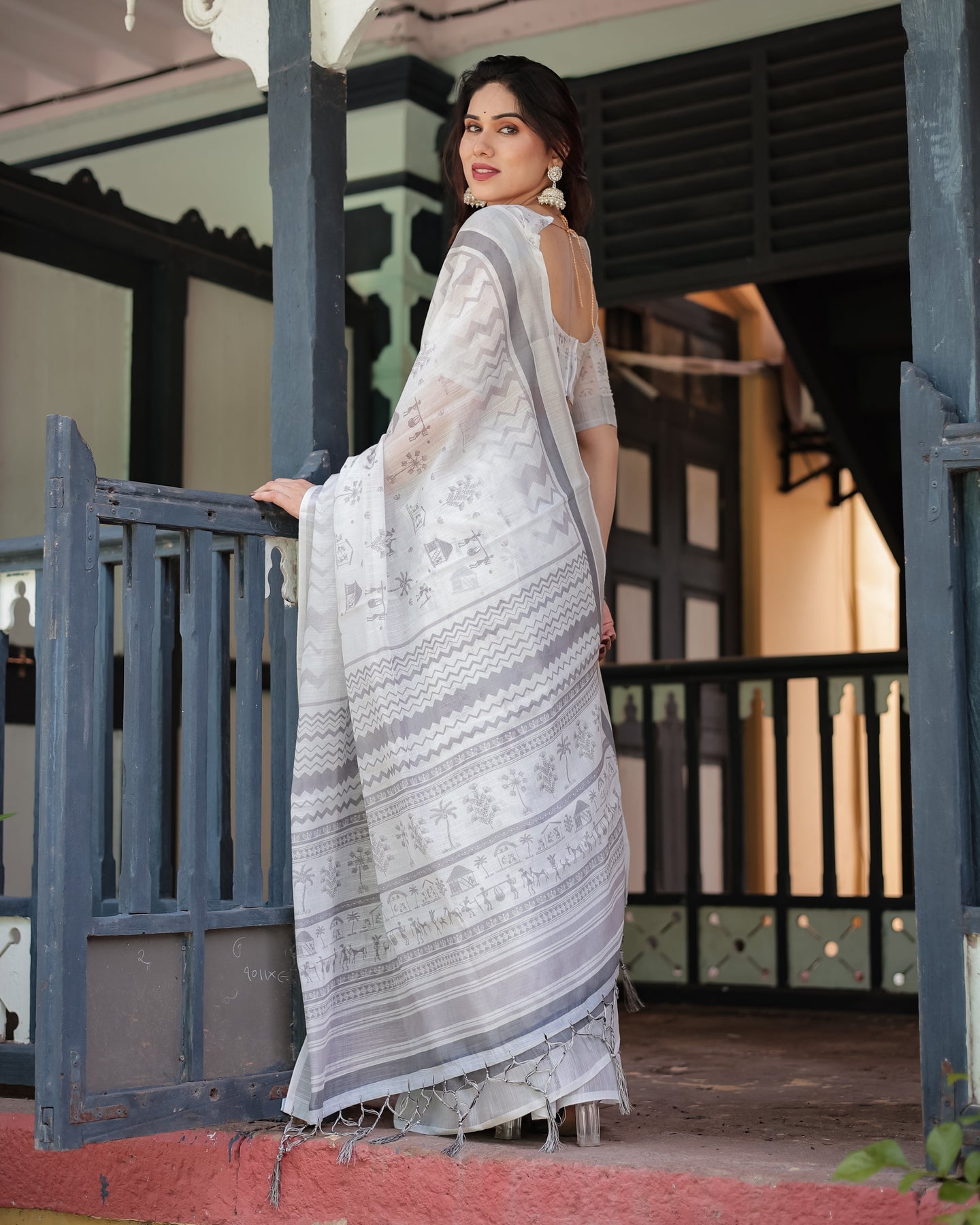 Off-White Grey Linen Saree with Tribal Motif Border | Shaadigruh SD1036