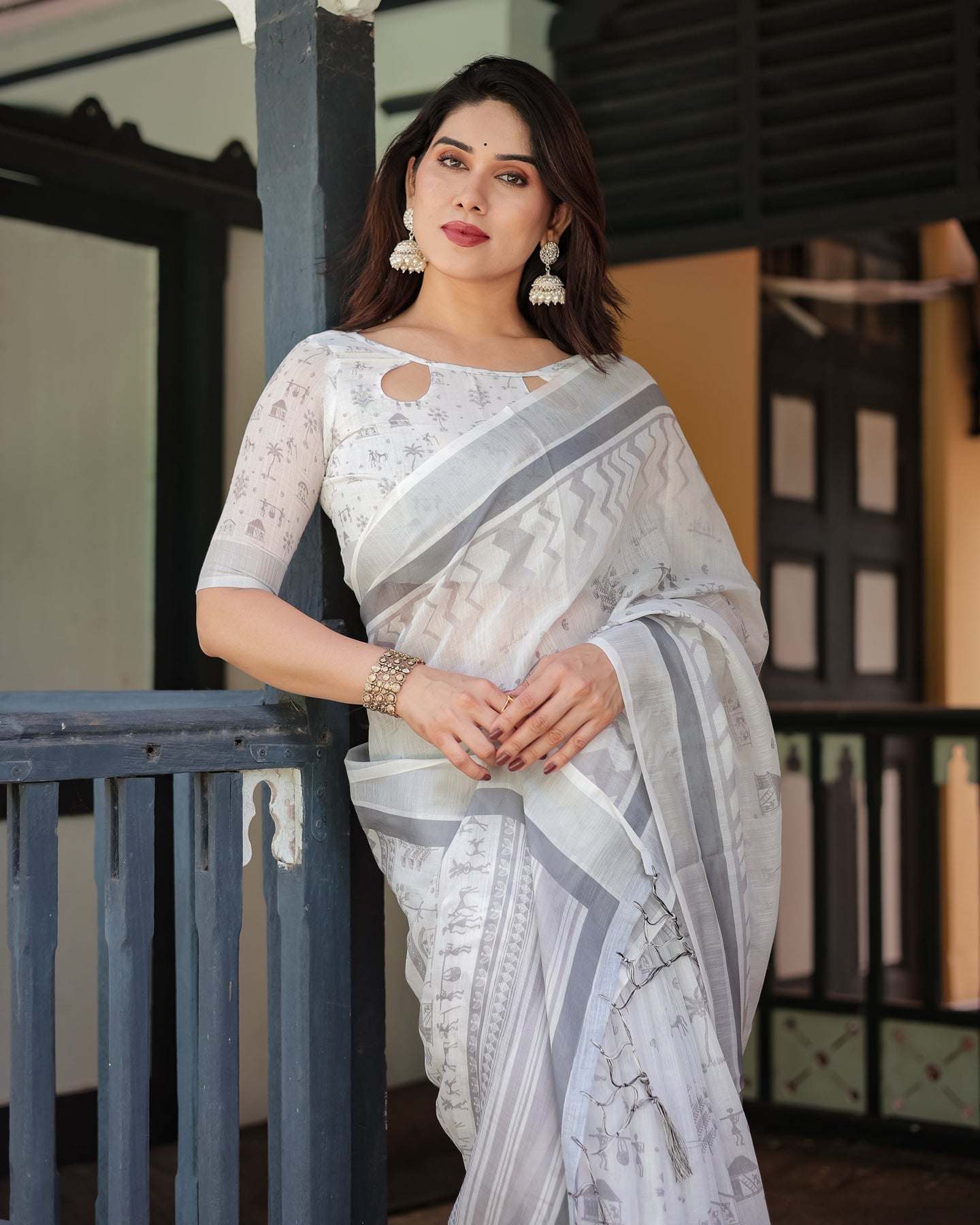 Off-White Grey Linen Saree with Tribal Motif Border | Shaadigruh SD1036