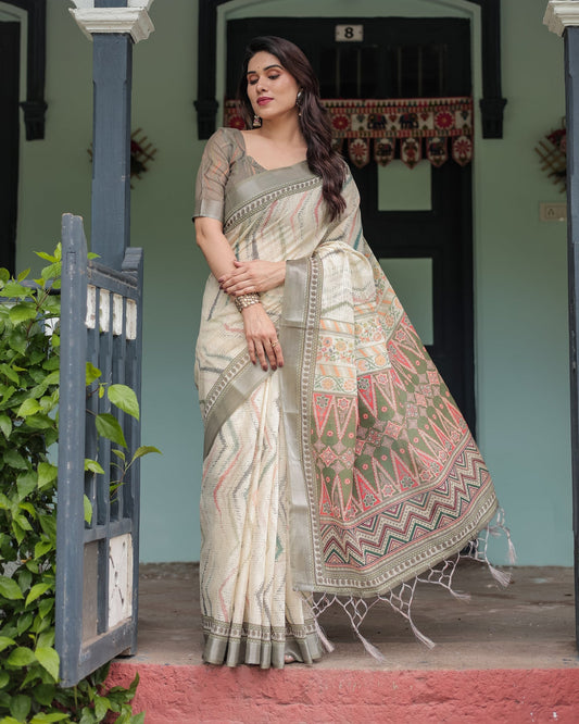 Luxury Ivory Beige Striped Linen Saree | Shaadigruh SD1008