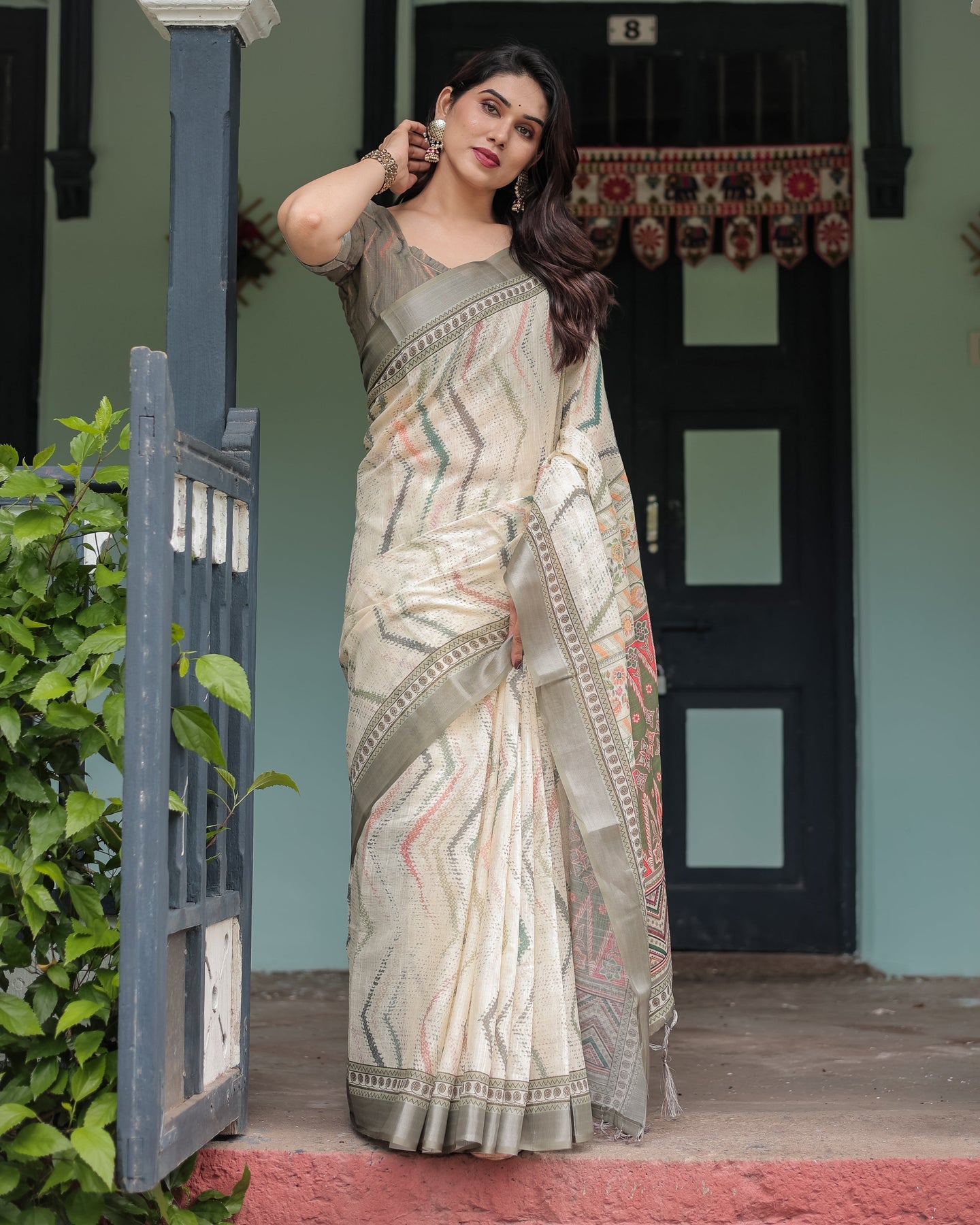 Luxury Ivory Beige Striped Linen Saree | Shaadigruh SD1008