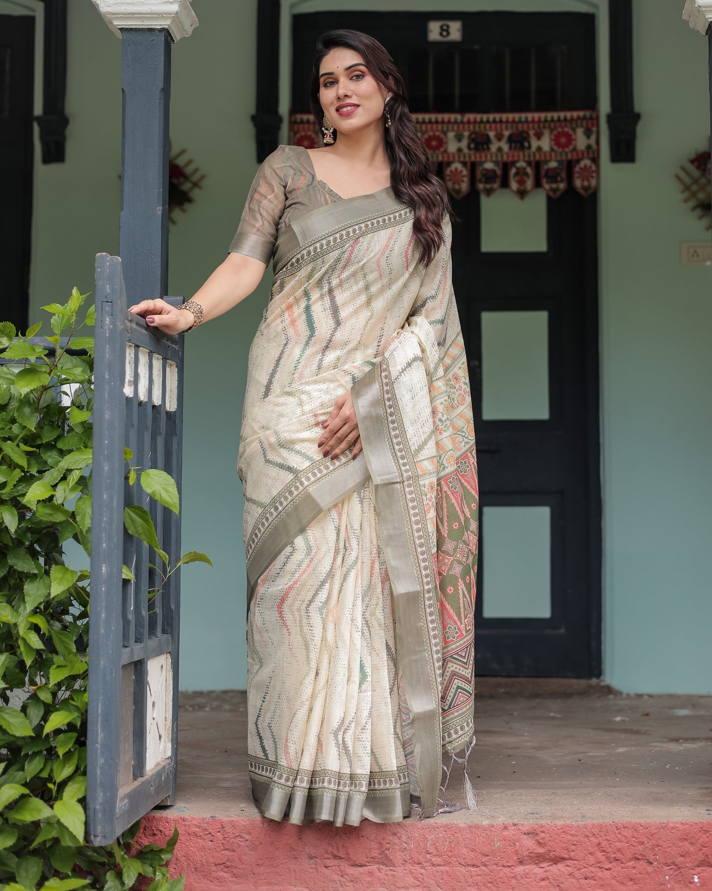 Luxury Ivory Beige Striped Linen Saree | Shaadigruh SD1008