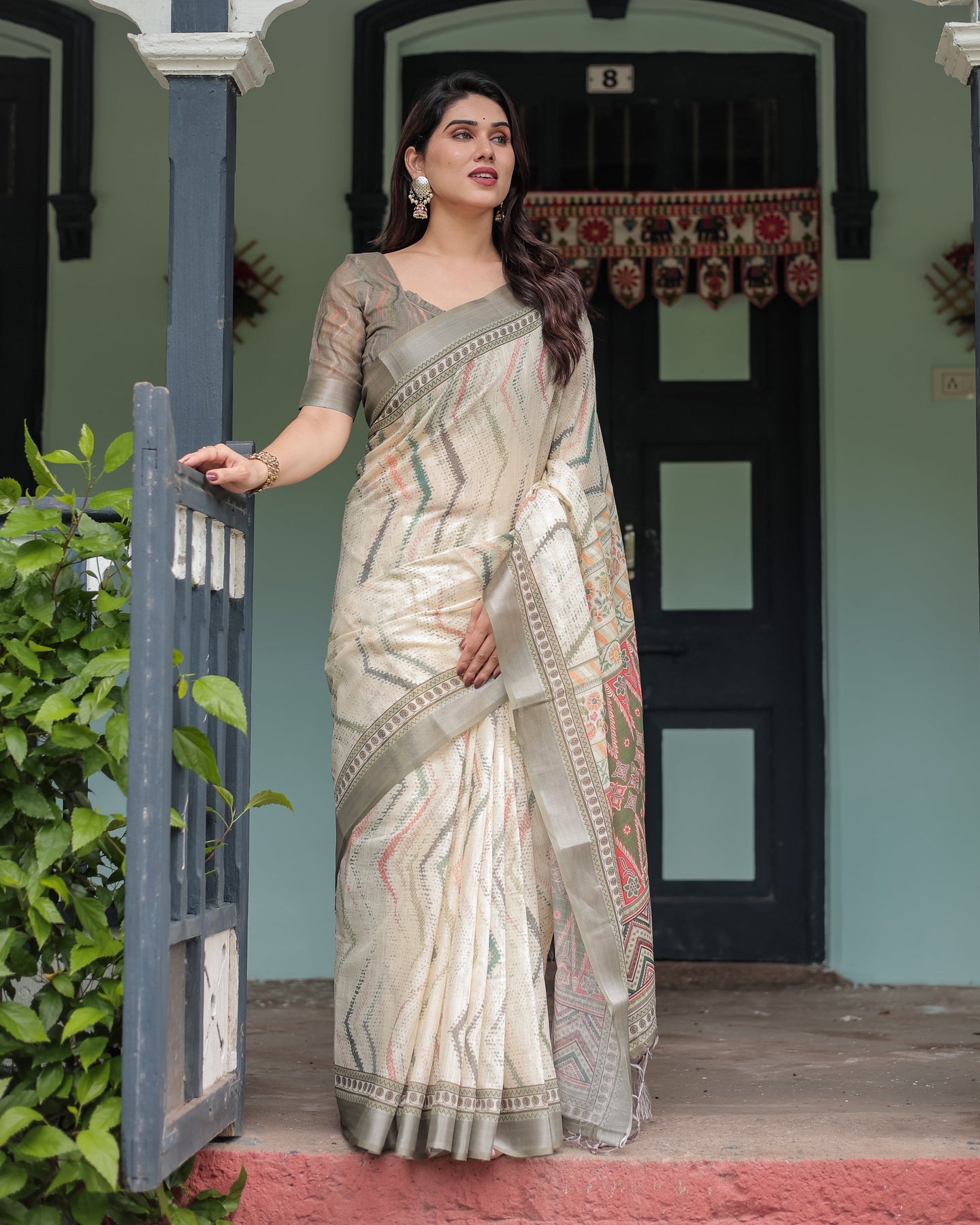 Luxury Ivory Beige Striped Linen Saree | Shaadigruh SD1008