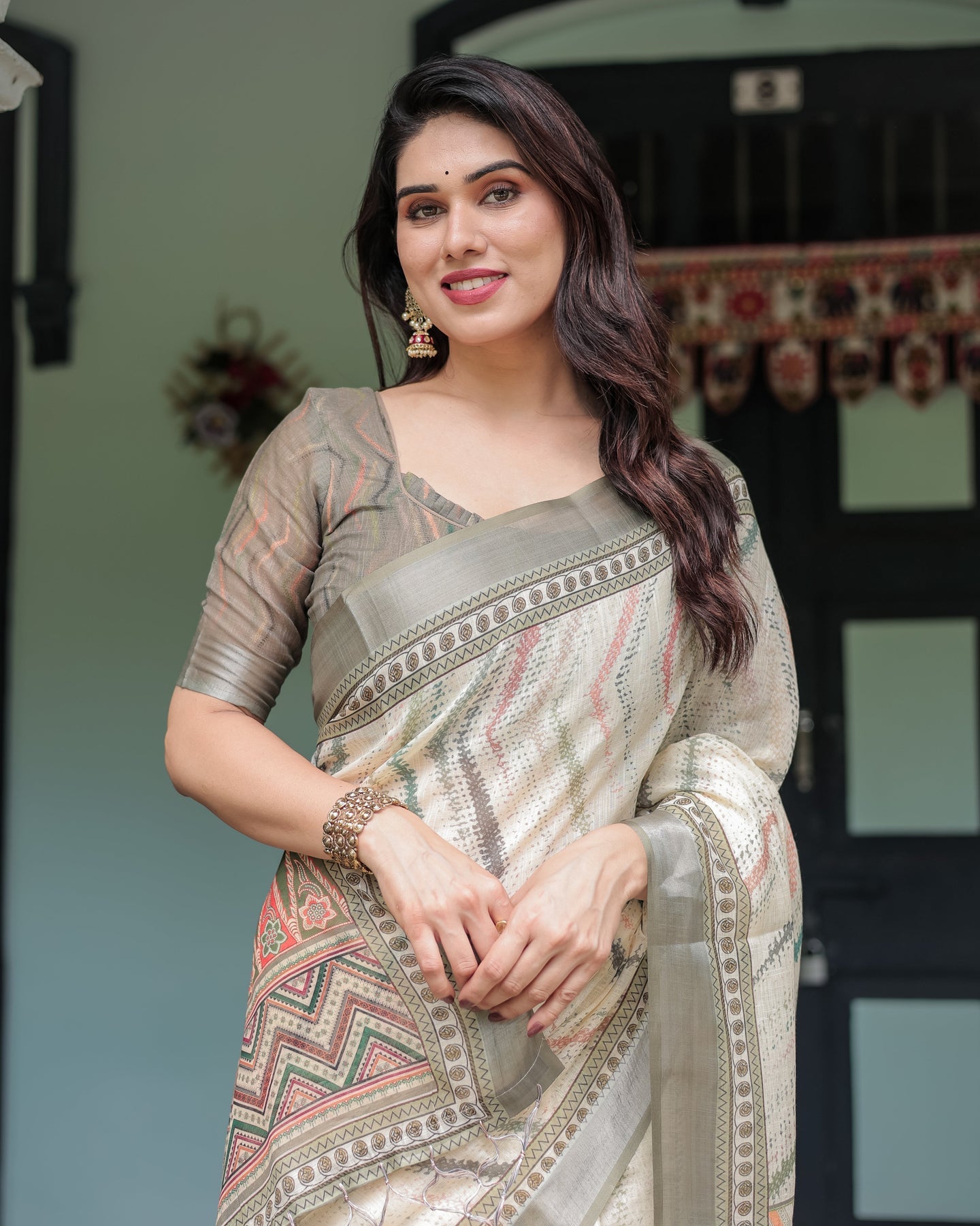 Luxury Ivory Beige Striped Linen Saree | Shaadigruh SD1008