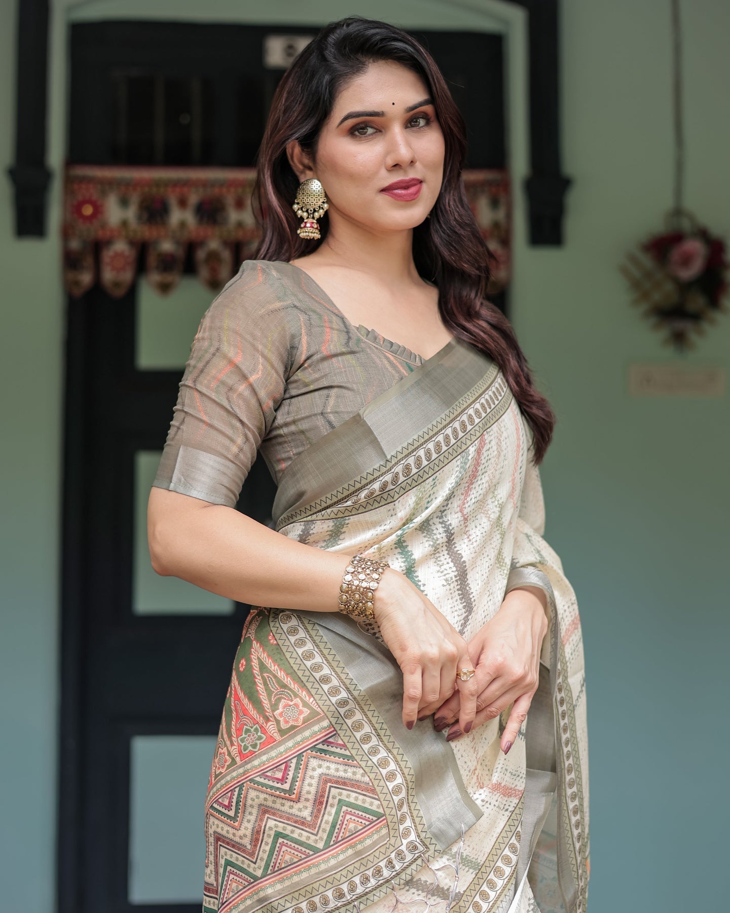 Luxury Ivory Beige Striped Linen Saree | Shaadigruh SD1008