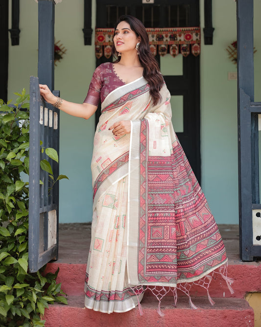 Luxury Ivory Geometric Printed Linen Saree | Shaadigruh SD1020