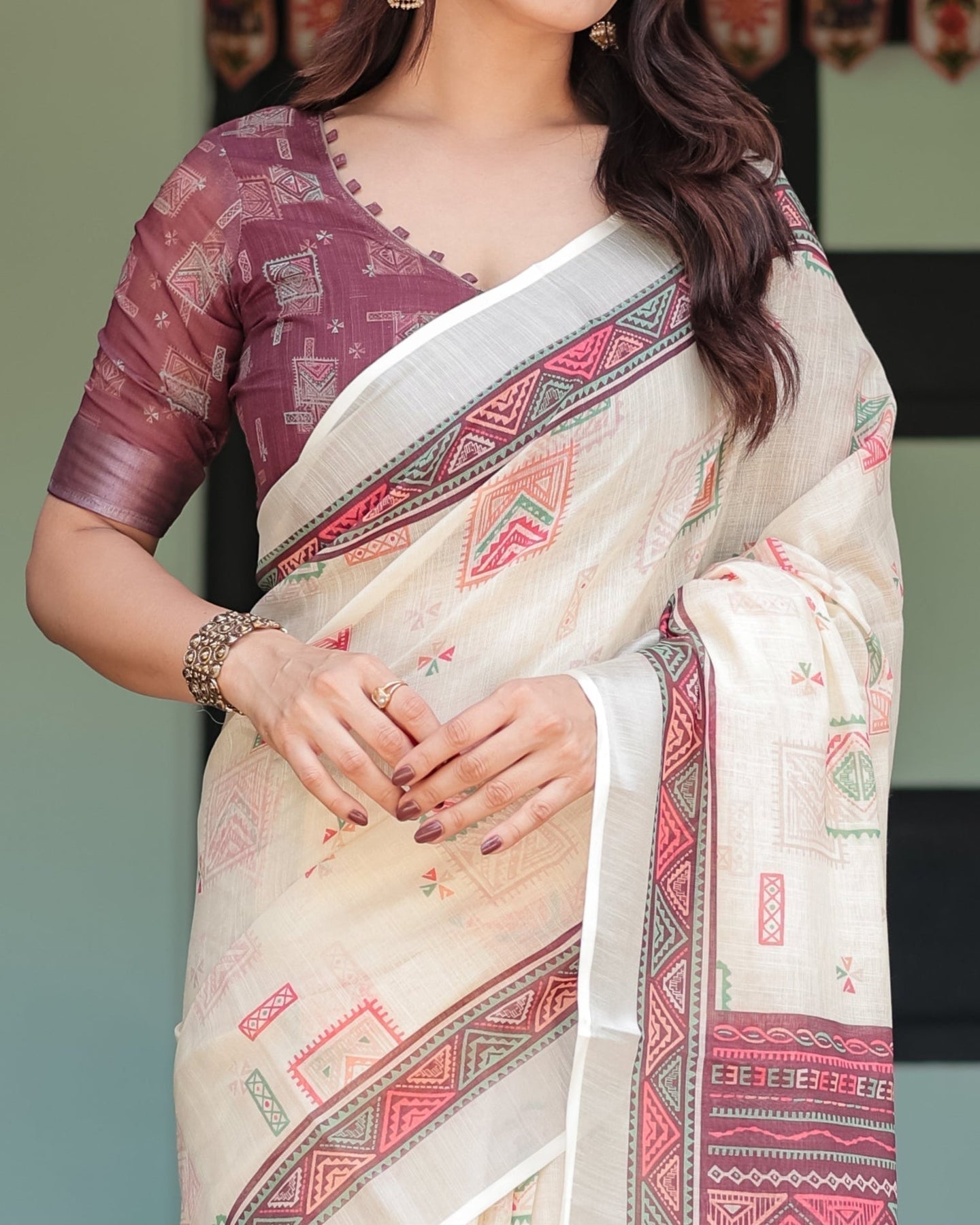Luxury Ivory Geometric Printed Linen Saree | Shaadigruh SD1020