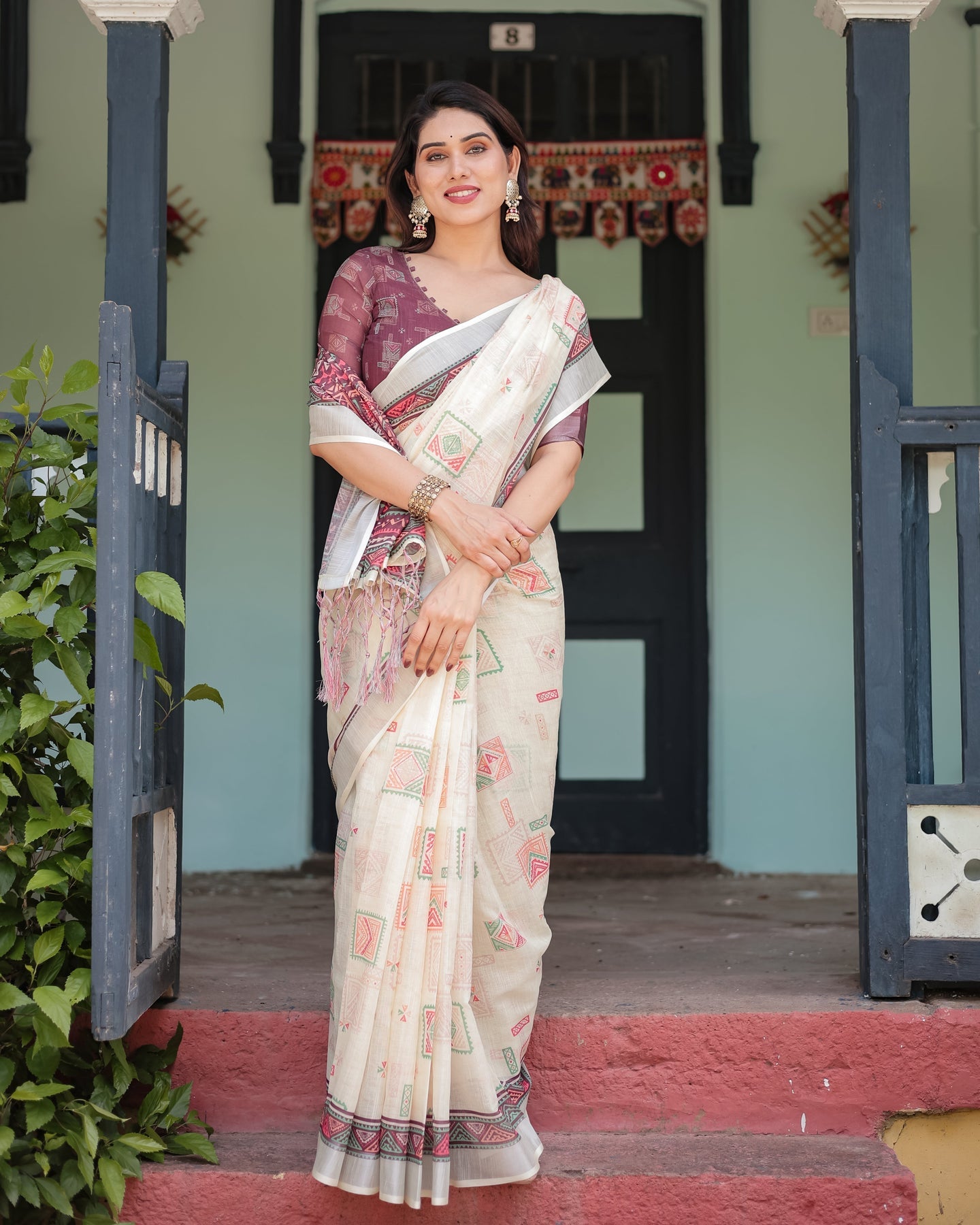 Luxury Ivory Geometric Printed Linen Saree | Shaadigruh SD1020