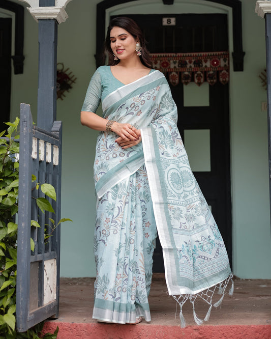 Sage Green Floral Linen Saree | Shaadigruh SD1037