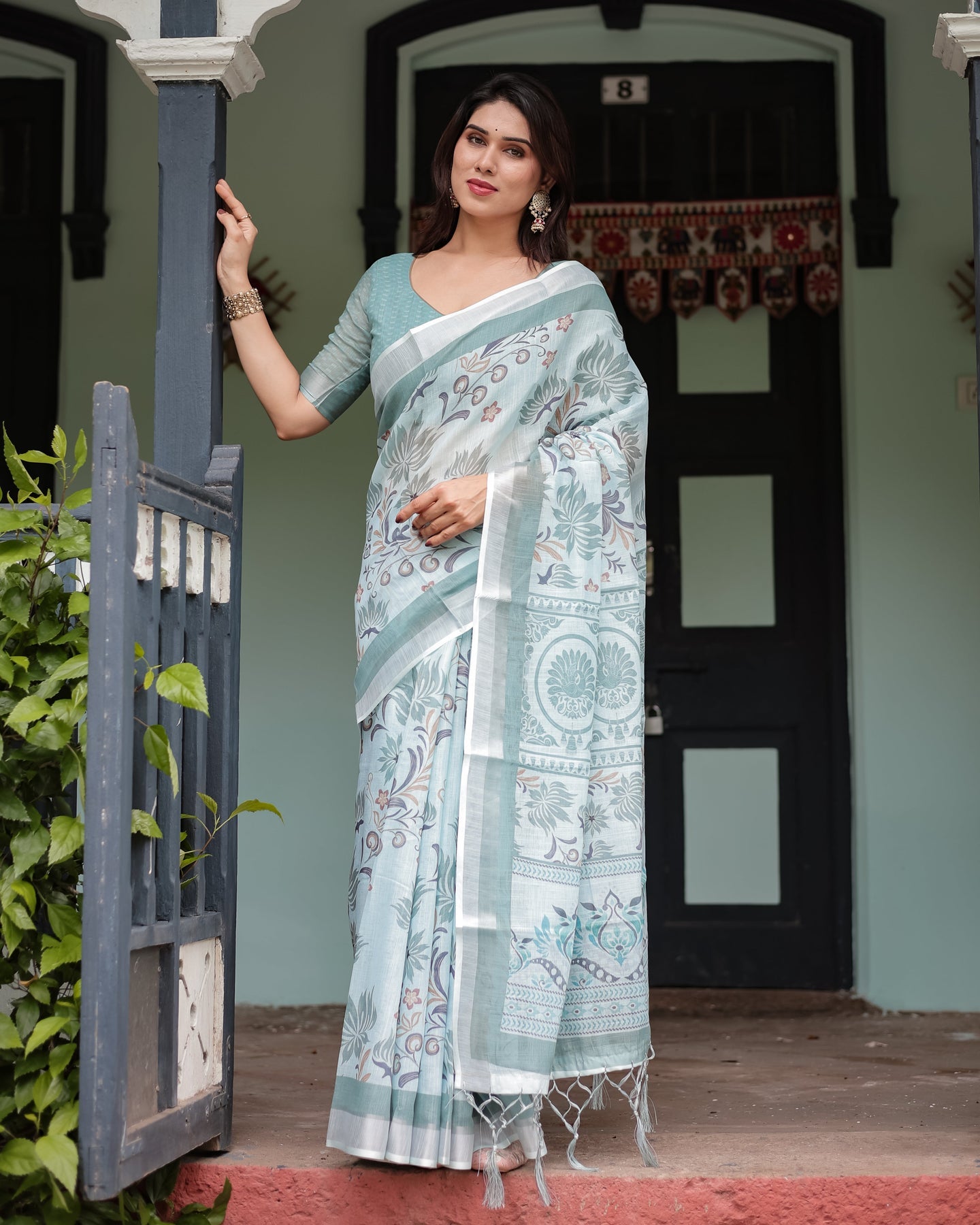 Sage Green Floral Linen Saree | Shaadigruh SD1037