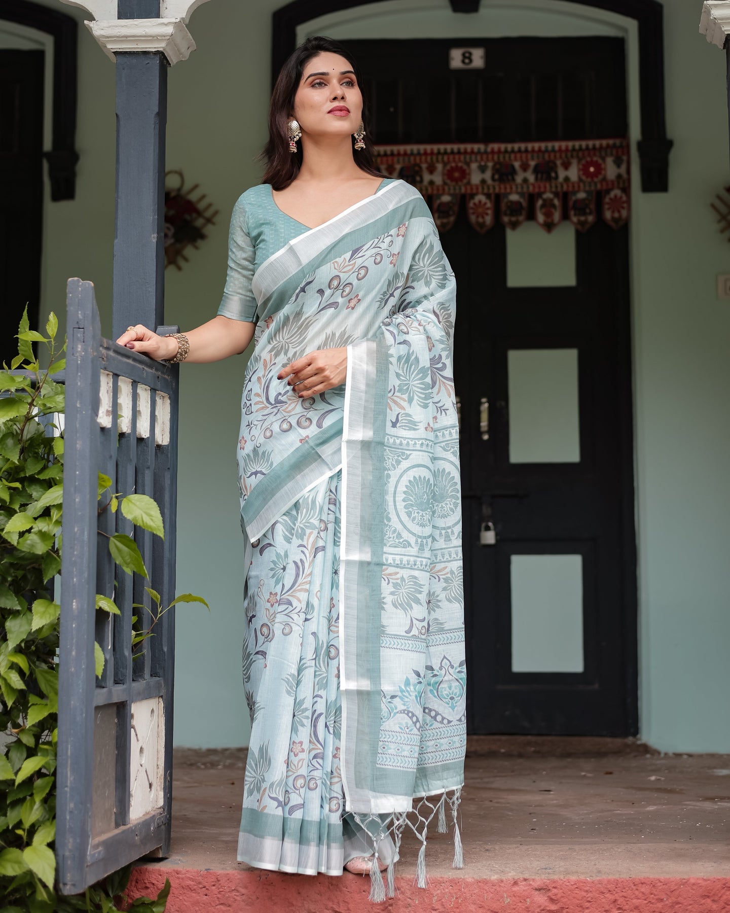 Sage Green Floral Linen Saree | Shaadigruh SD1037