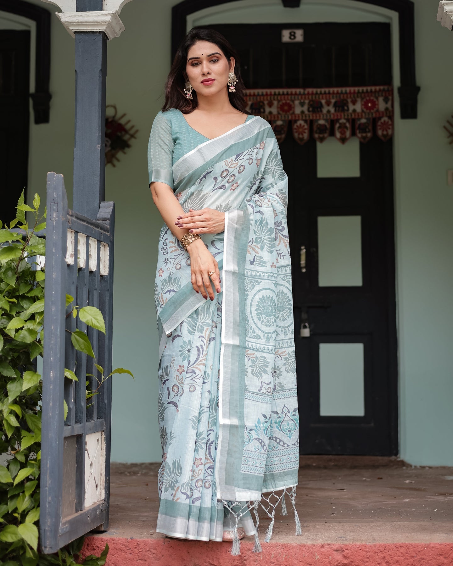 Sage Green Floral Linen Saree | Shaadigruh SD1037