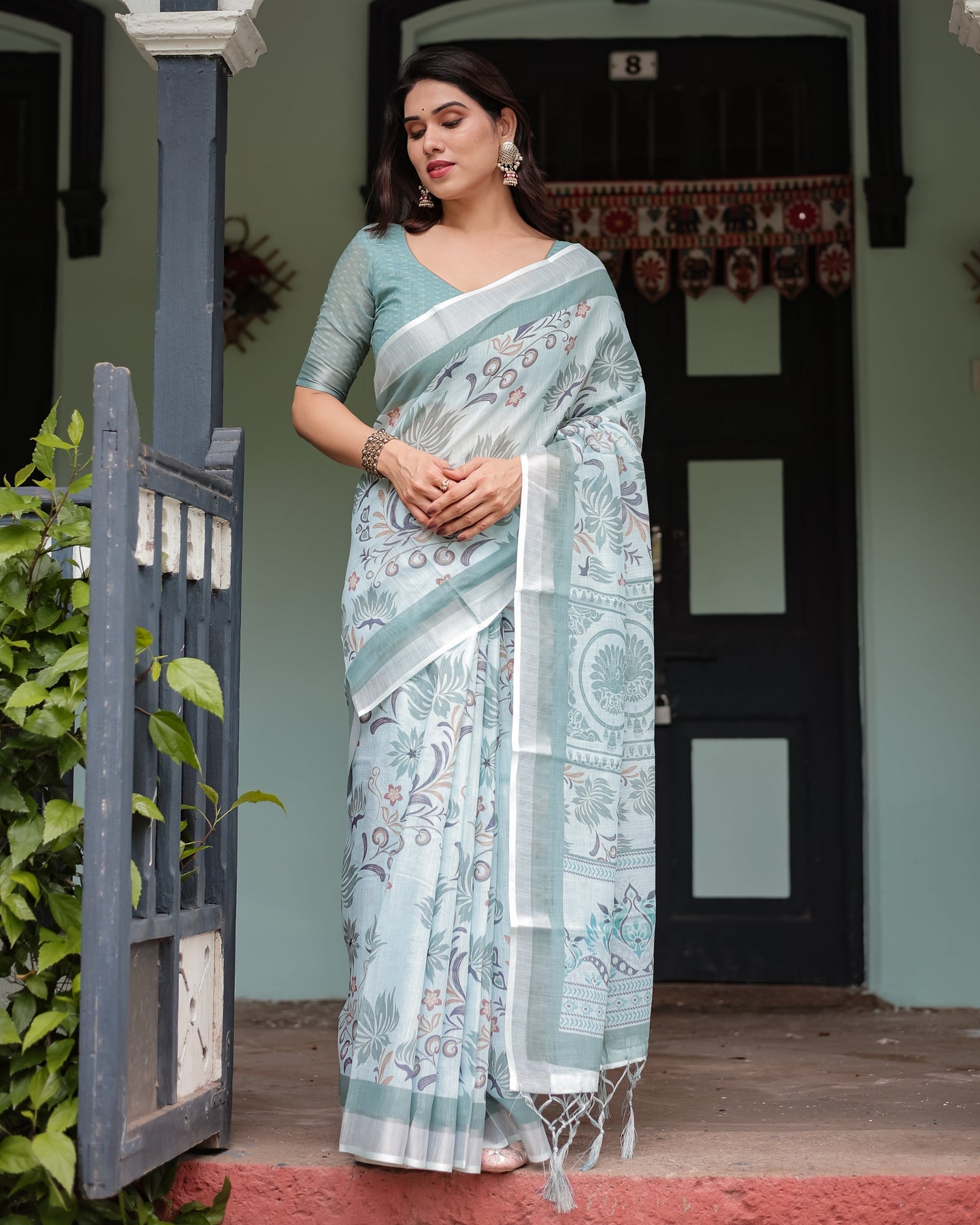 Sage Green Floral Linen Saree | Shaadigruh SD1037