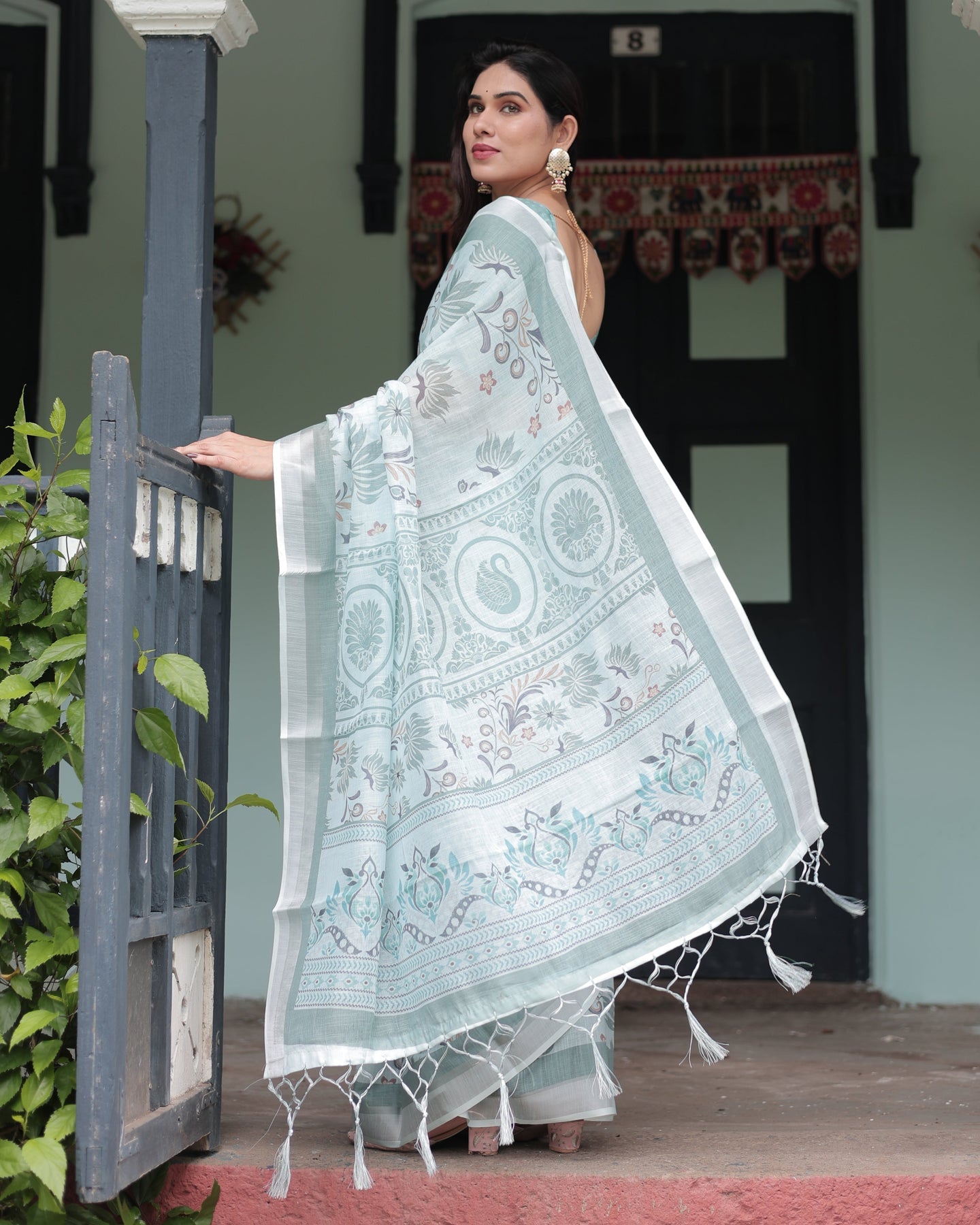 Sage Green Floral Linen Saree | Shaadigruh SD1037