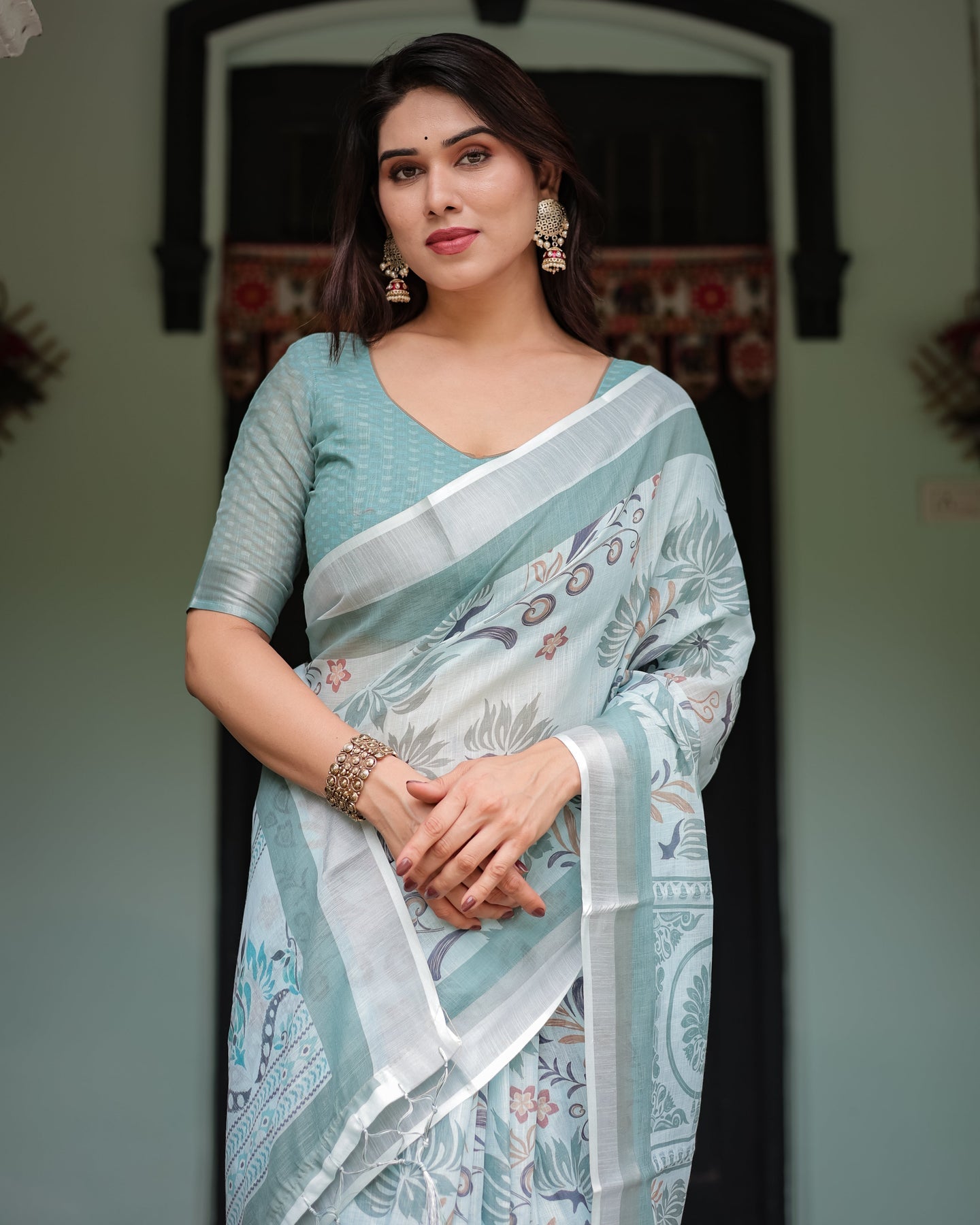 Sage Green Floral Linen Saree | Shaadigruh SD1037