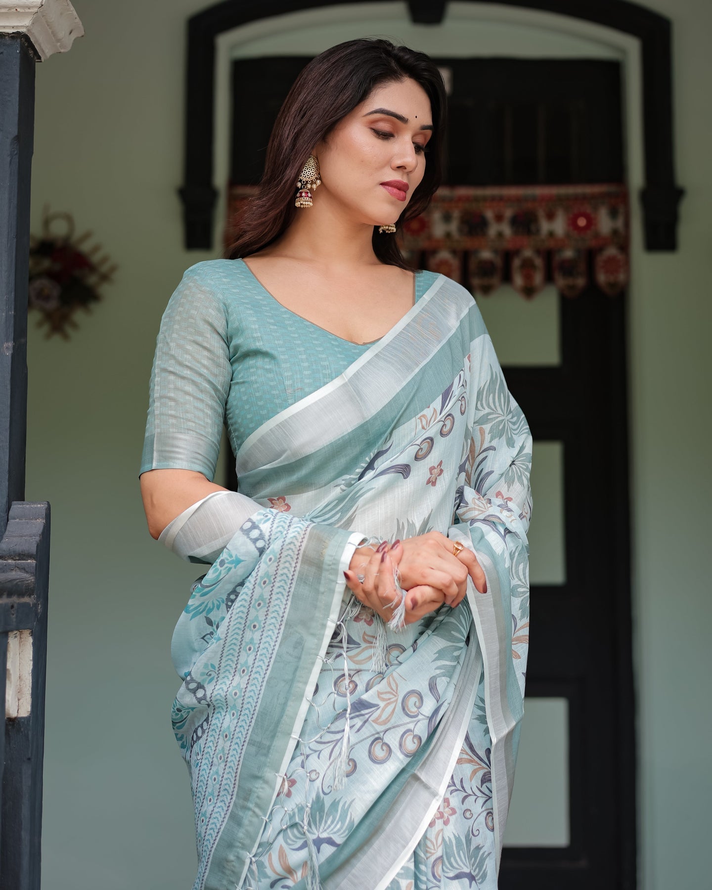 Sage Green Floral Linen Saree | Shaadigruh SD1037