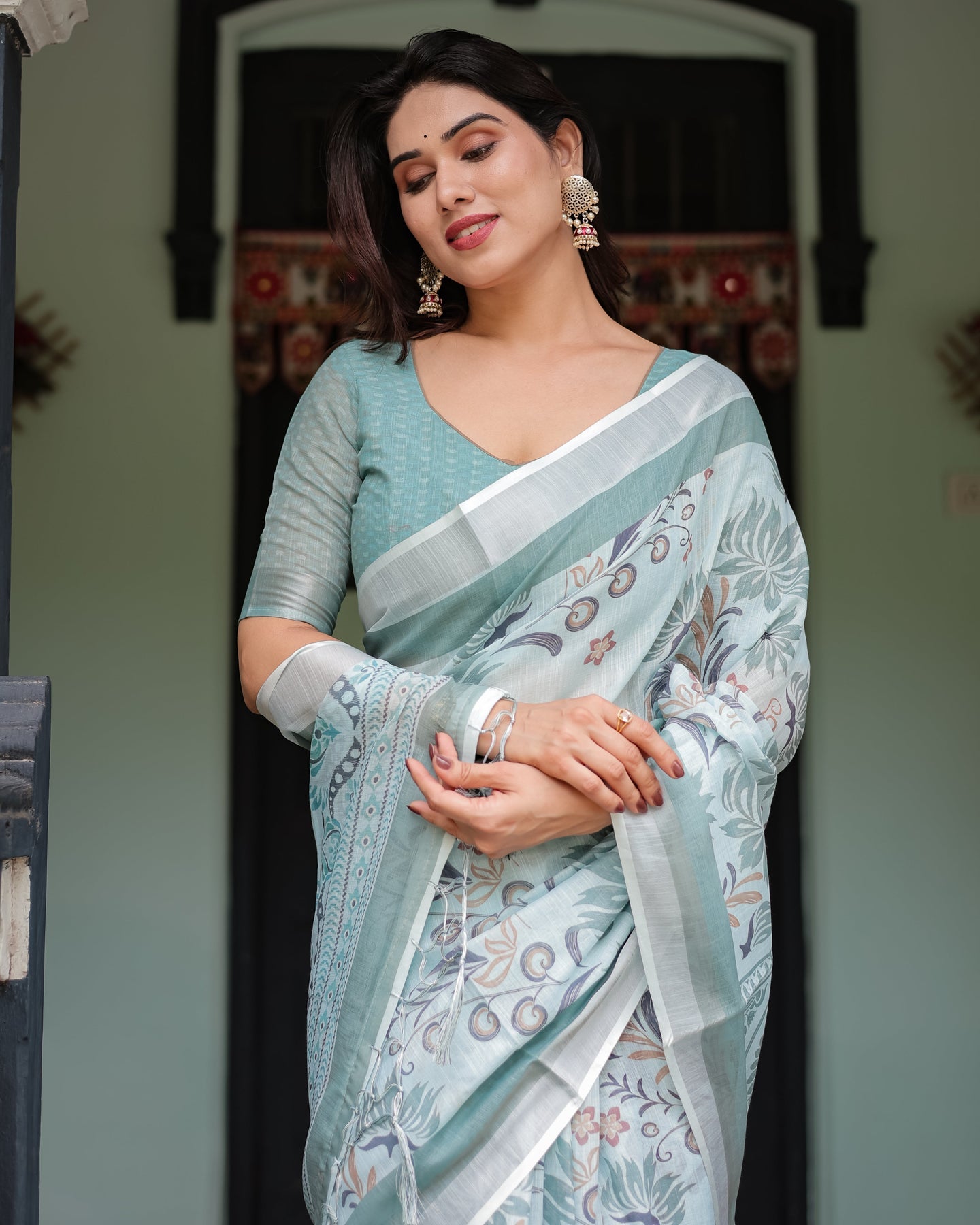 Sage Green Floral Linen Saree | Shaadigruh SD1037