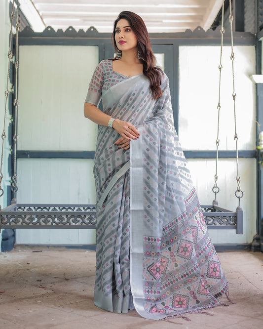 Grey Motif Linen Saree | Shaadigruh SD1045