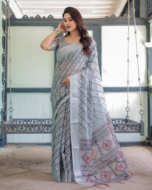 Grey Motif Linen Saree | Shaadigruh SD1045