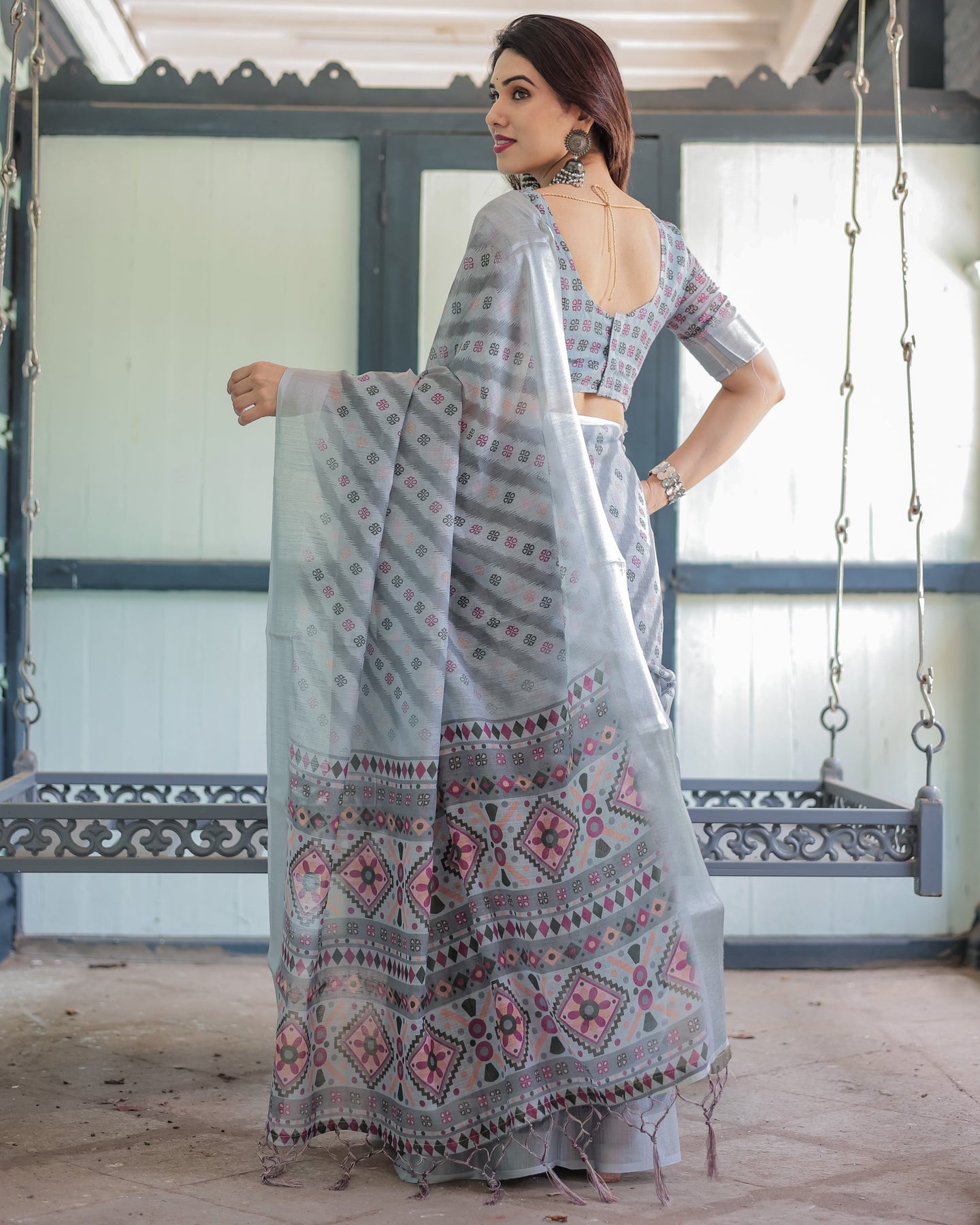 Grey Motif Linen Saree | Shaadigruh SD1045