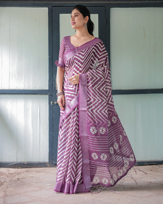 Luxury Plum Geometric Printed Linen Saree | Shaadigruh SD1010