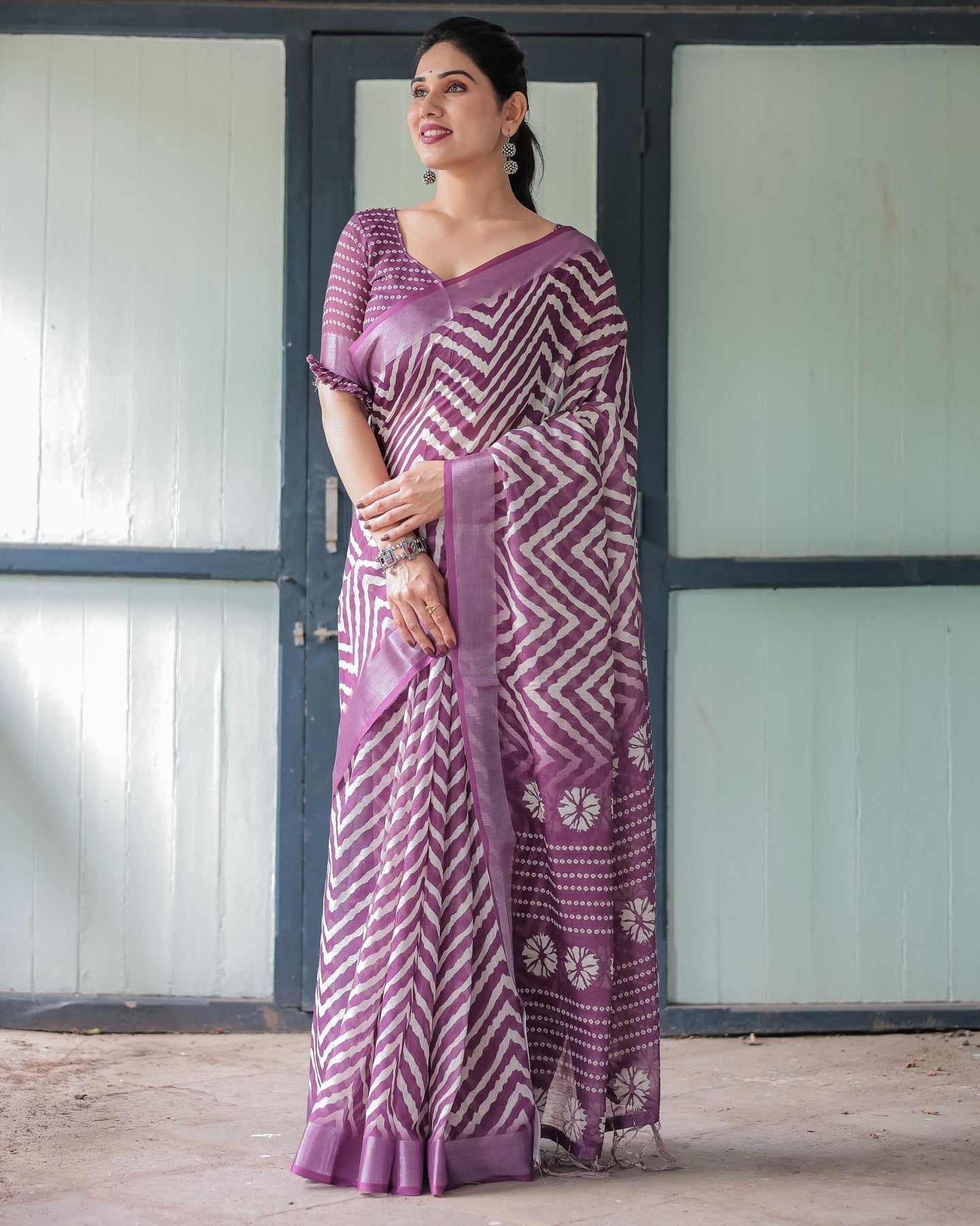 Luxury Plum Geometric Printed Linen Saree | Shaadigruh SD1010