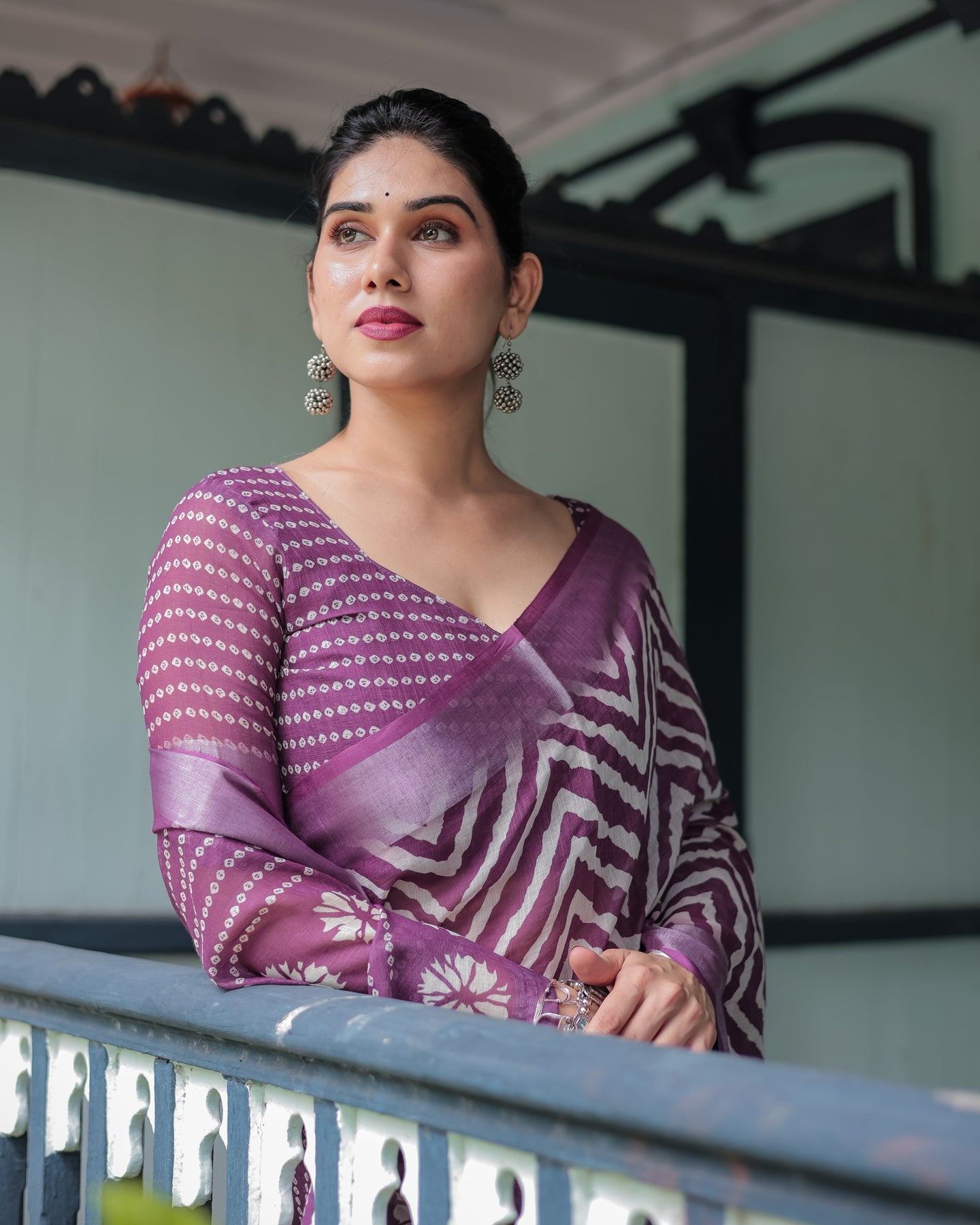 Luxury Plum Geometric Printed Linen Saree | Shaadigruh SD1010