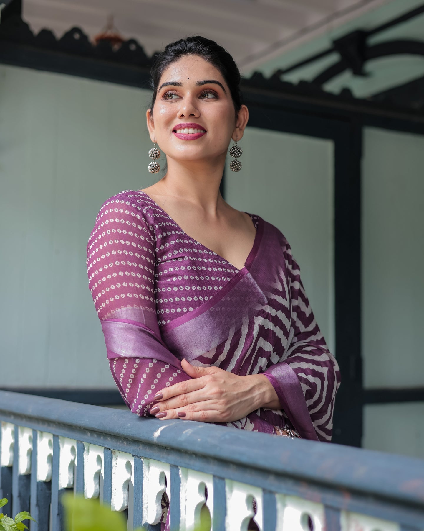 Luxury Plum Geometric Printed Linen Saree | Shaadigruh SD1010