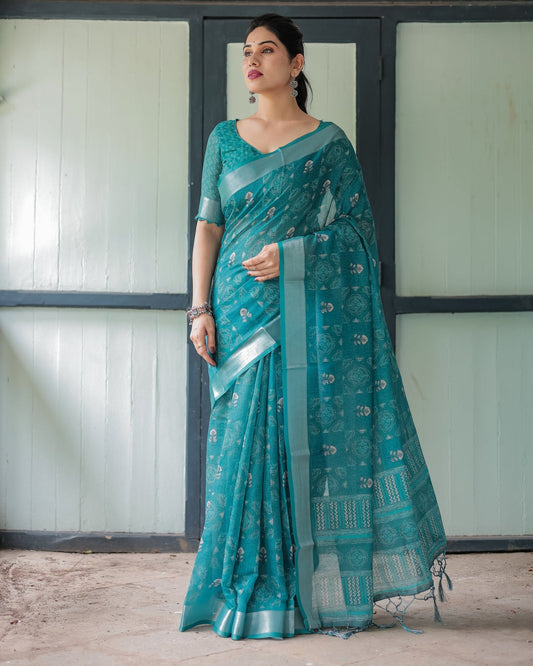 Luxury Teal Printed Linen Saree | Shaadigruh SD1003