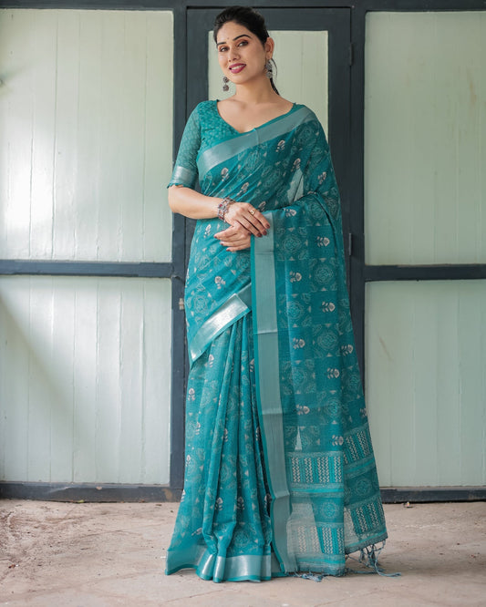Luxury Teal Printed Linen Saree | Shaadigruh SD1003