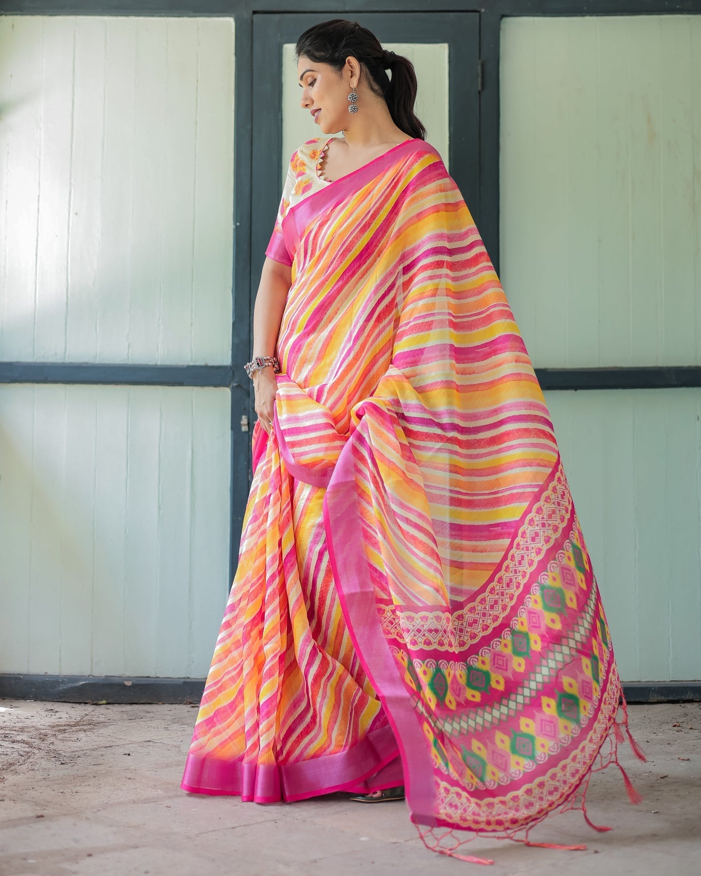 Luxury Multicolor Striped Linen Saree | Shaadigruh SD1027