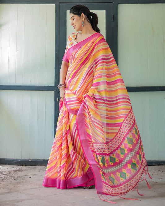 Luxury Multicolor Striped Linen Saree | Shaadigruh SD1027