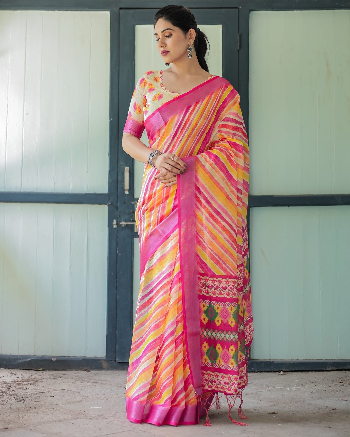 Luxury Multicolor Striped Linen Saree | Shaadigruh SD1027
